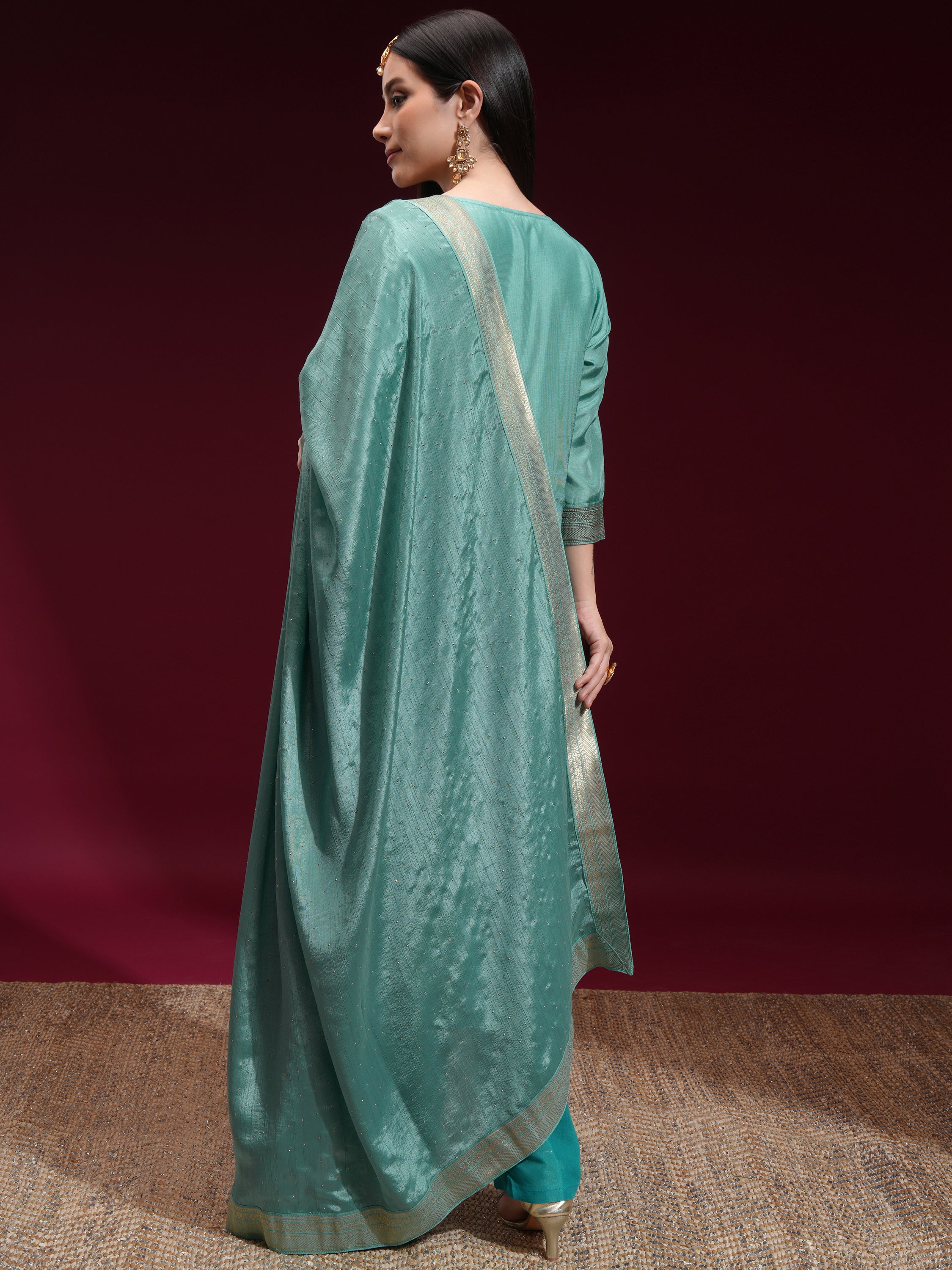 Vishudh Women Blue Printed Kurta With Palazzo And Dupatta - Blue - Image 3