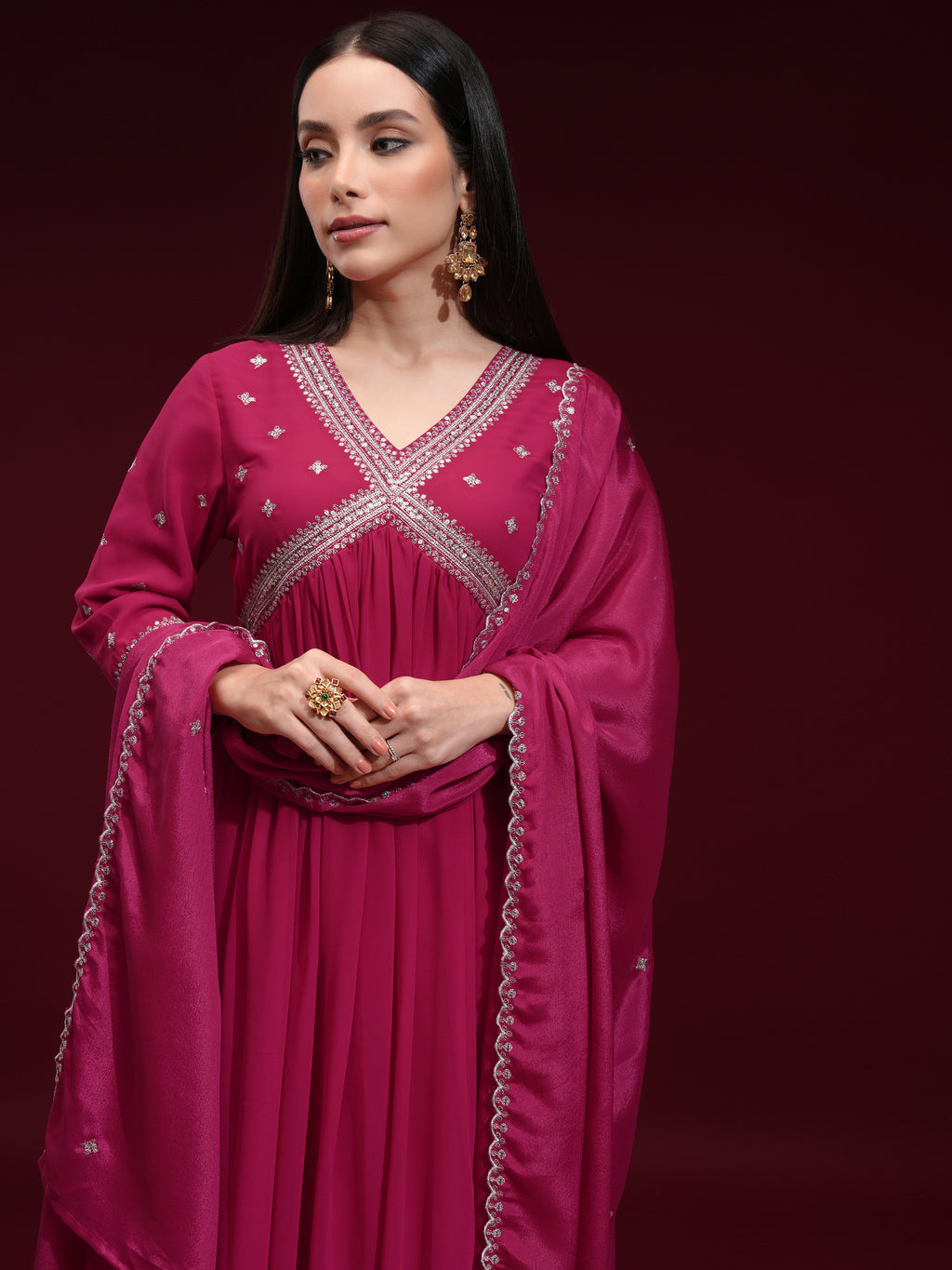 Vishudh Women Fuchsia Embroidered Kurta With Trouser And Dupatta - Fuchsia - Image 1