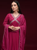 Vishudh Women Fuchsia Embroidered Kurta With Trouser And Dupatta - Fuchsia - Image 1
