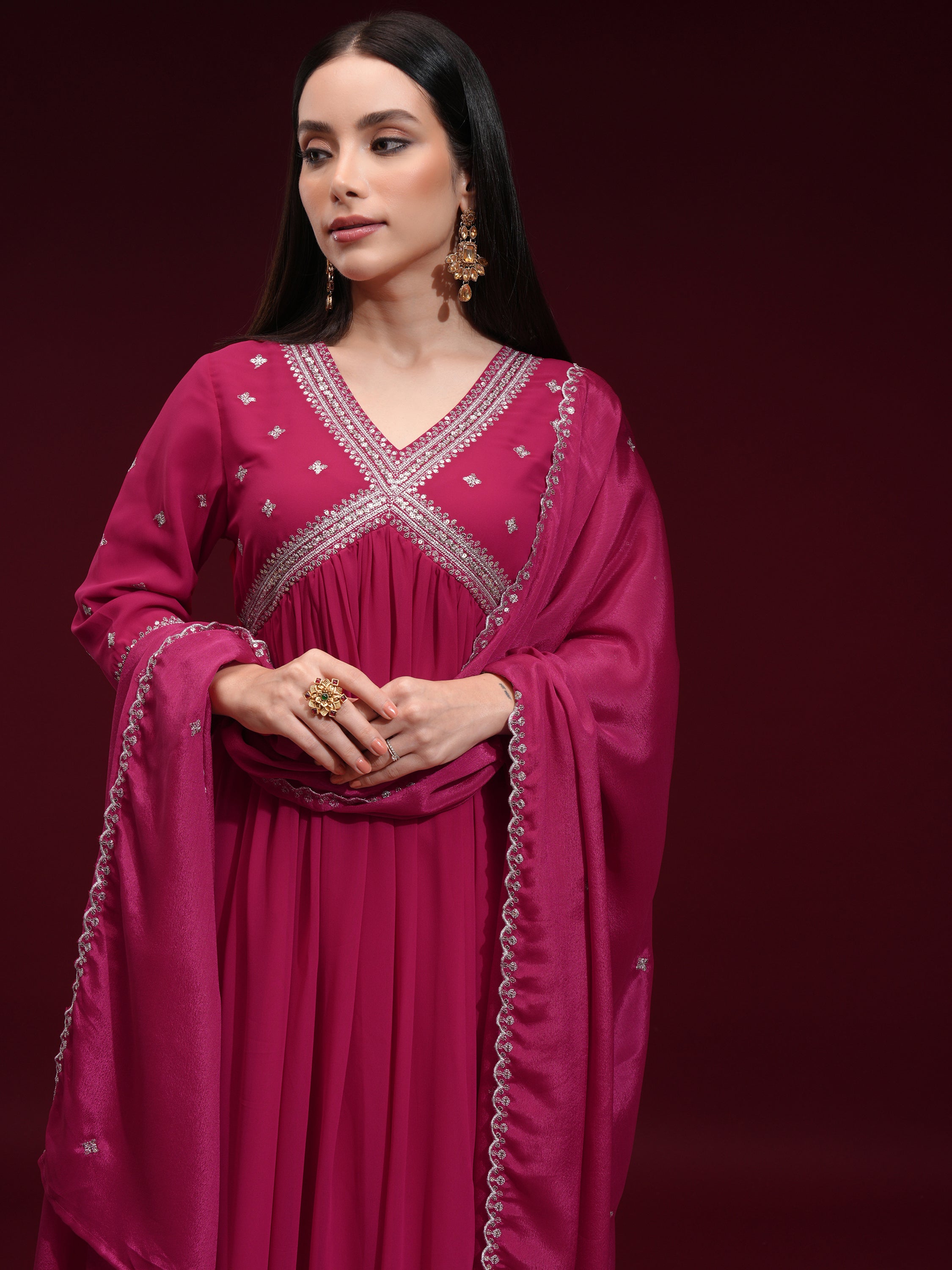 Vishudh Women Fuchsia Embroidered Kurta With Trouser And Dupatta - Fuchsia - Image 1