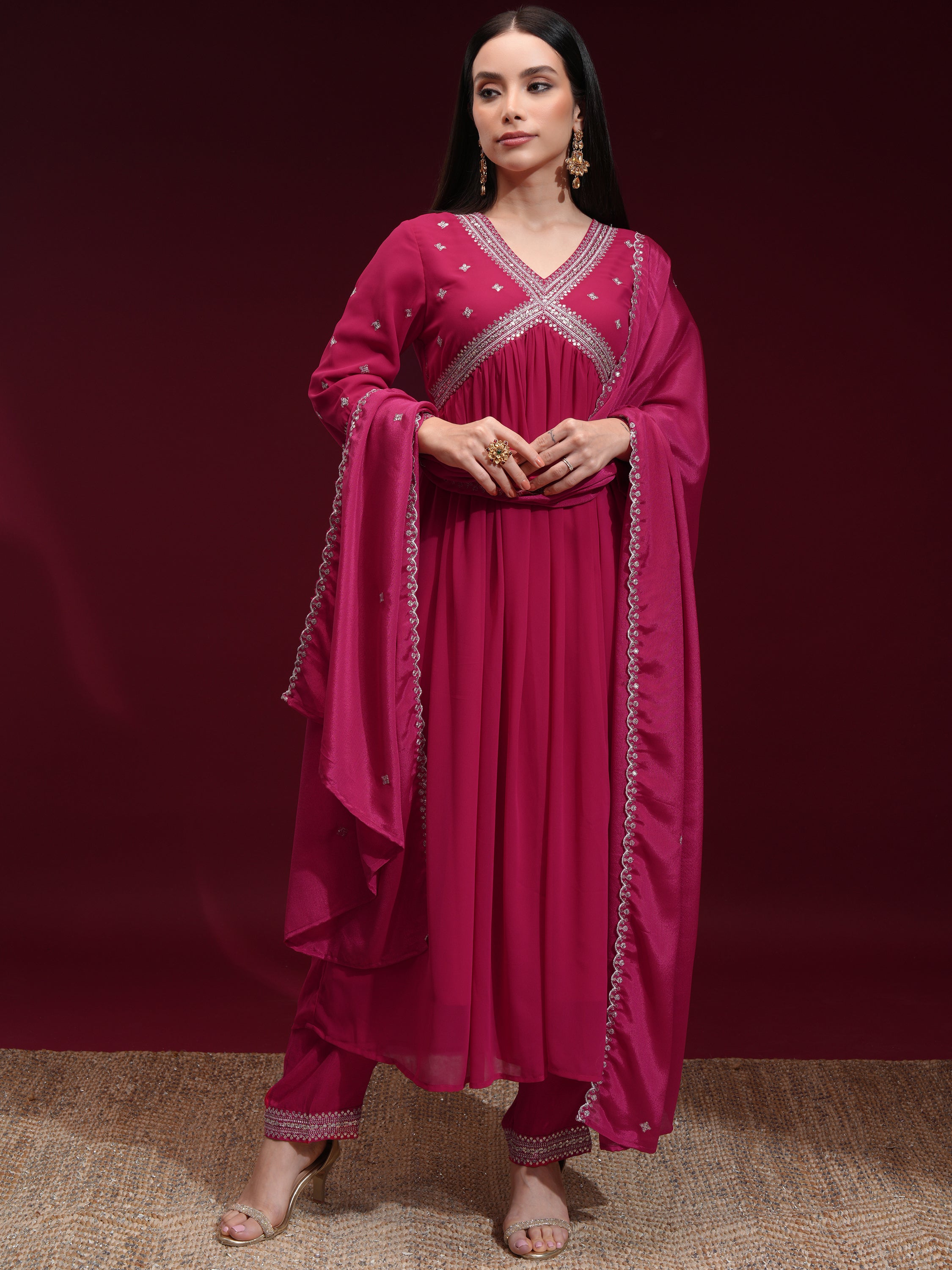 Vishudh Women Fuchsia Embroidered Kurta With Trouser And Dupatta - Fuchsia - Image 2