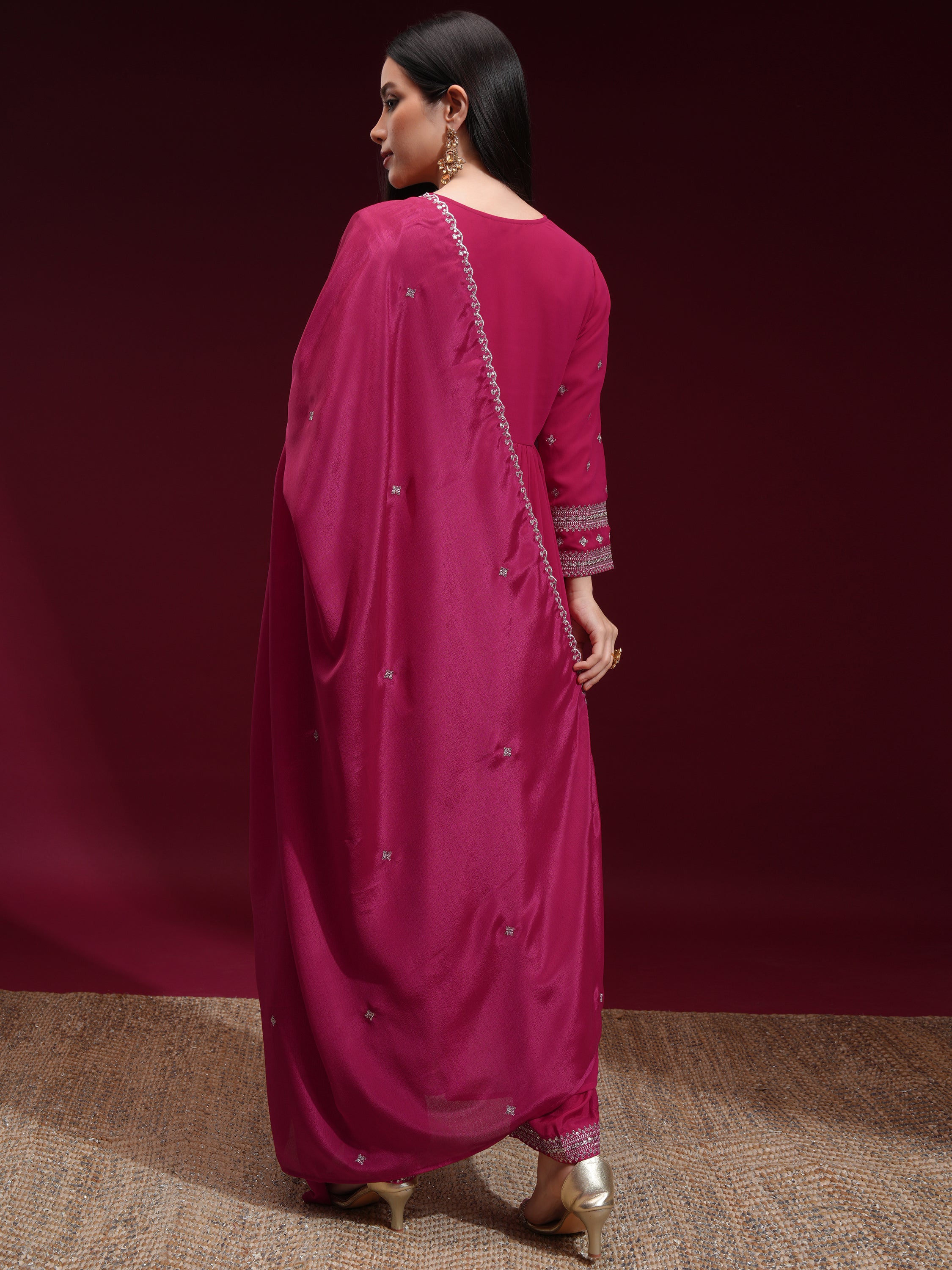 Vishudh Women Fuchsia Embroidered Kurta With Trouser And Dupatta - Fuchsia - Image 3