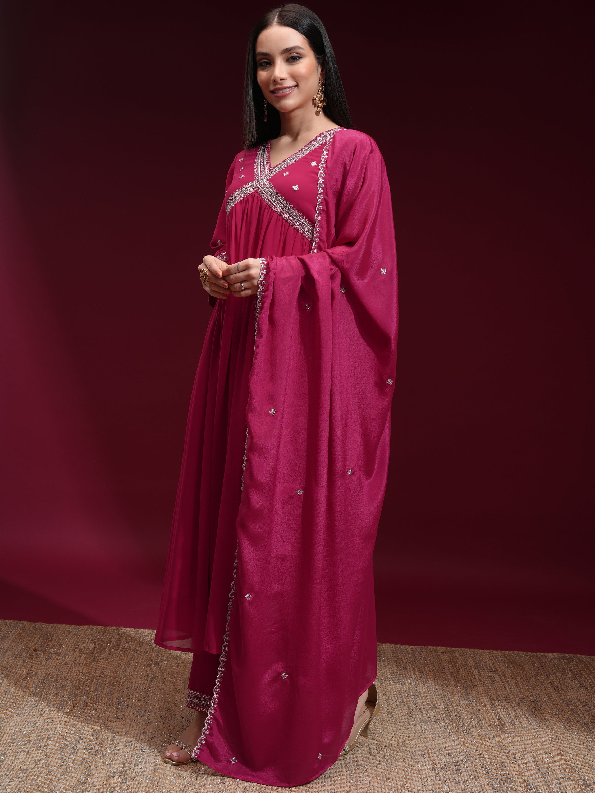 Vishudh Women Fuchsia Embroidered Kurta With Trouser And Dupatta - Fuchsia - Image 4
