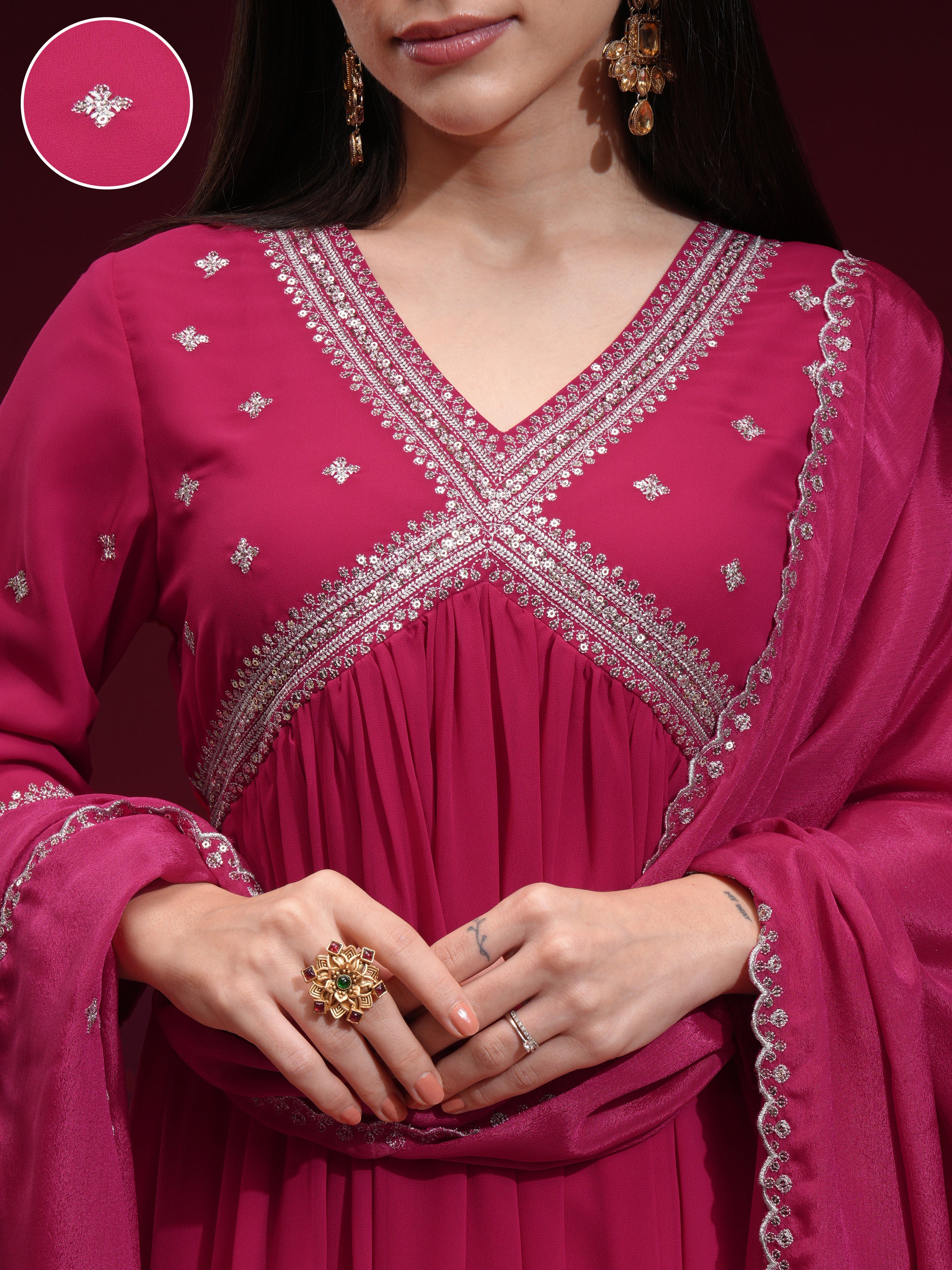 Vishudh Women Fuchsia Embroidered Kurta With Trouser And Dupatta - Fuchsia - Image 5