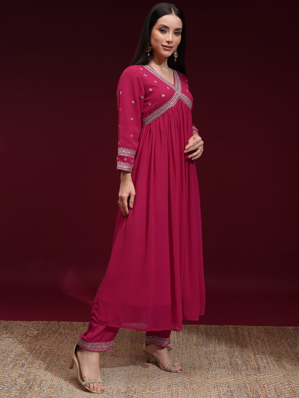 Vishudh Women Fuchsia Embroidered Kurta With Trouser And Dupatta - Fuchsia - Image 6