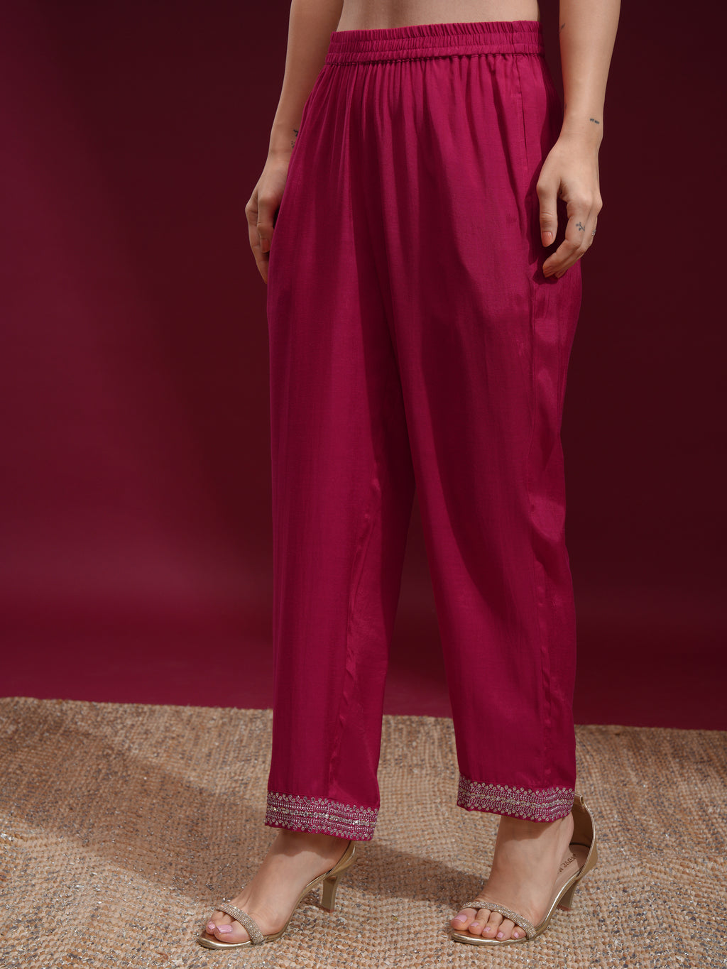 Vishudh Women Fuchsia Embroidered Kurta With Trouser And Dupatta - Fuchsia - Image 8