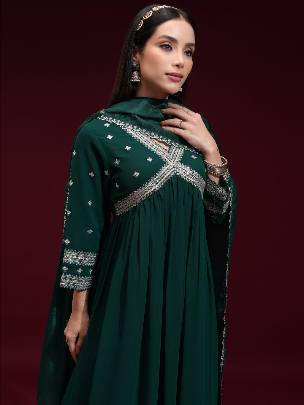 Vishudh Women Green Embroidered Kurta With Trouser And Dupatta - Green - Image 1