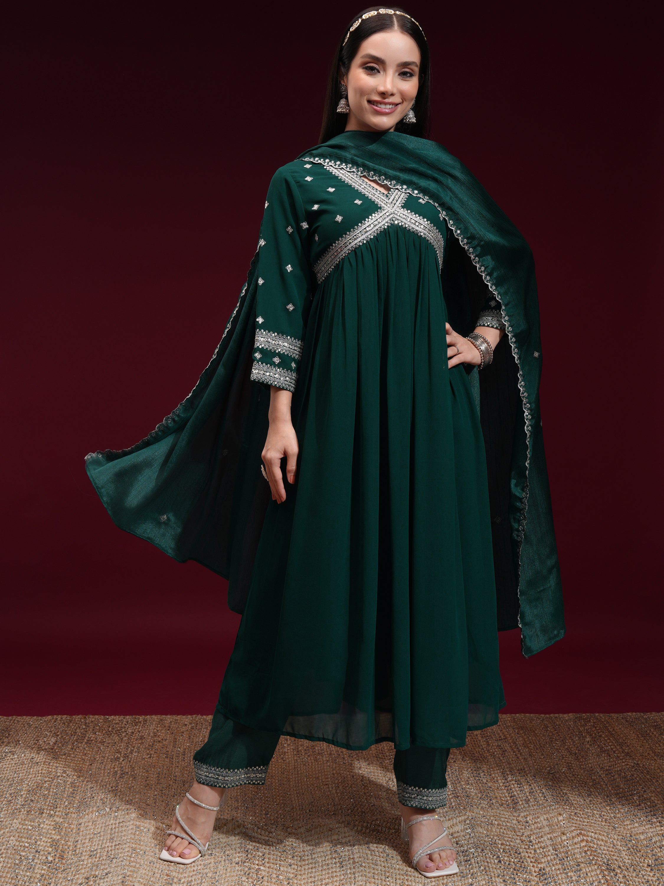 Vishudh Women Green Embroidered Kurta With Trouser And Dupatta - Green - Image 2