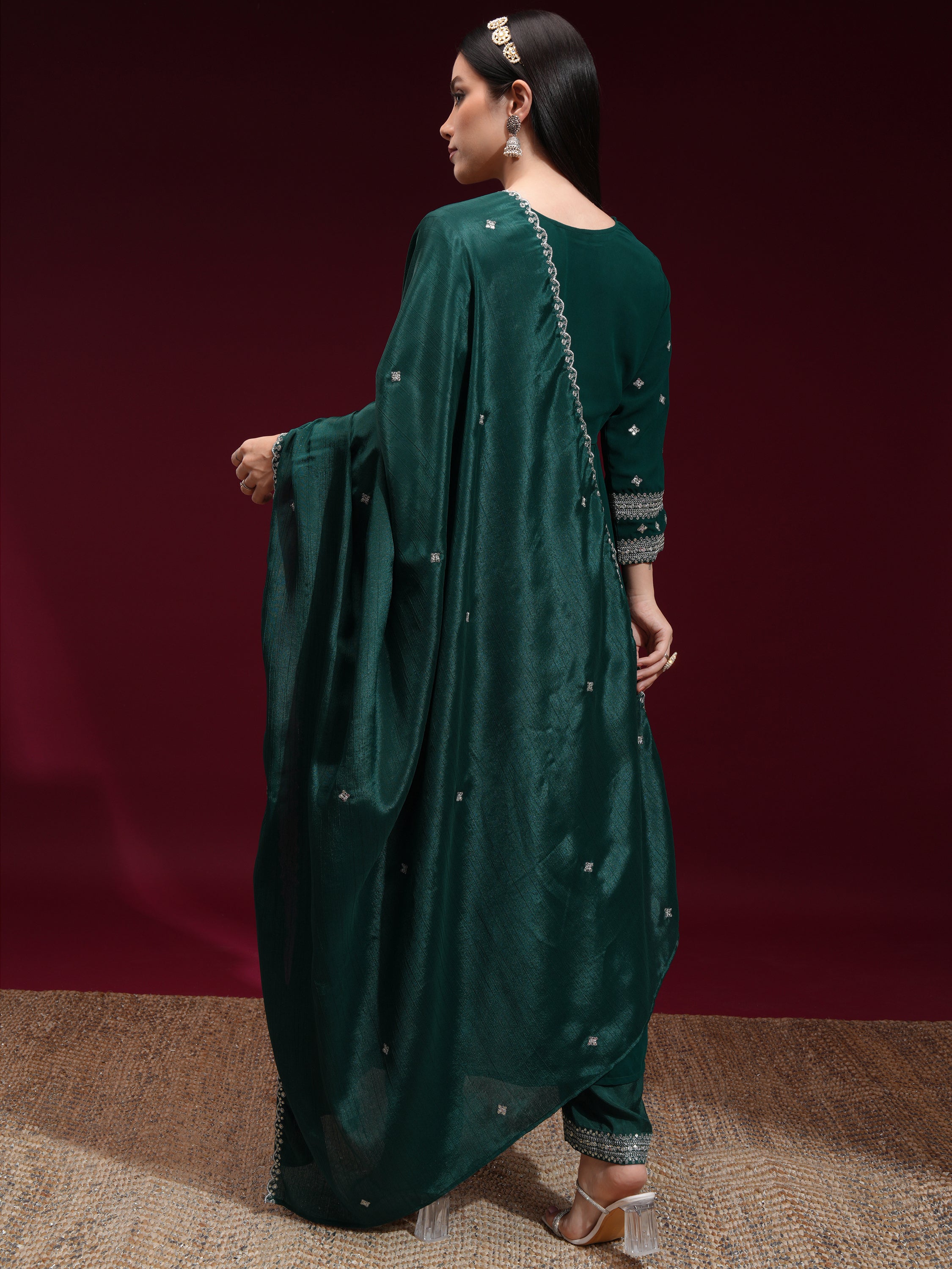 Vishudh Women Green Embroidered Kurta With Trouser And Dupatta - Green - Image 3