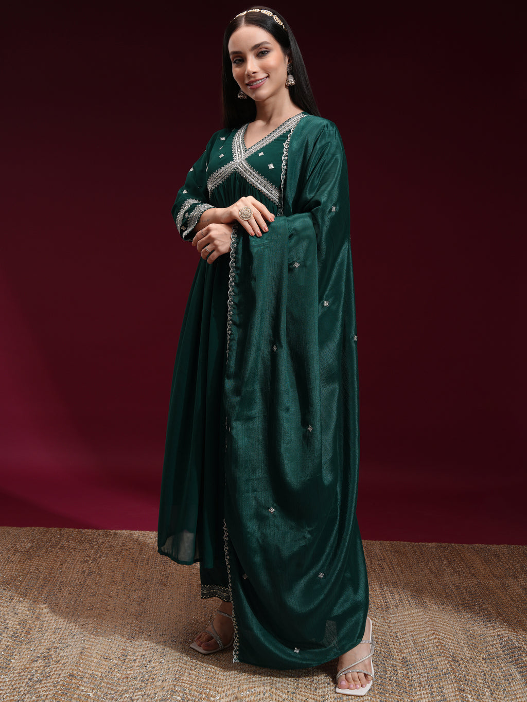 Vishudh Women Green Embroidered Kurta With Trouser And Dupatta - Green - Image 4
