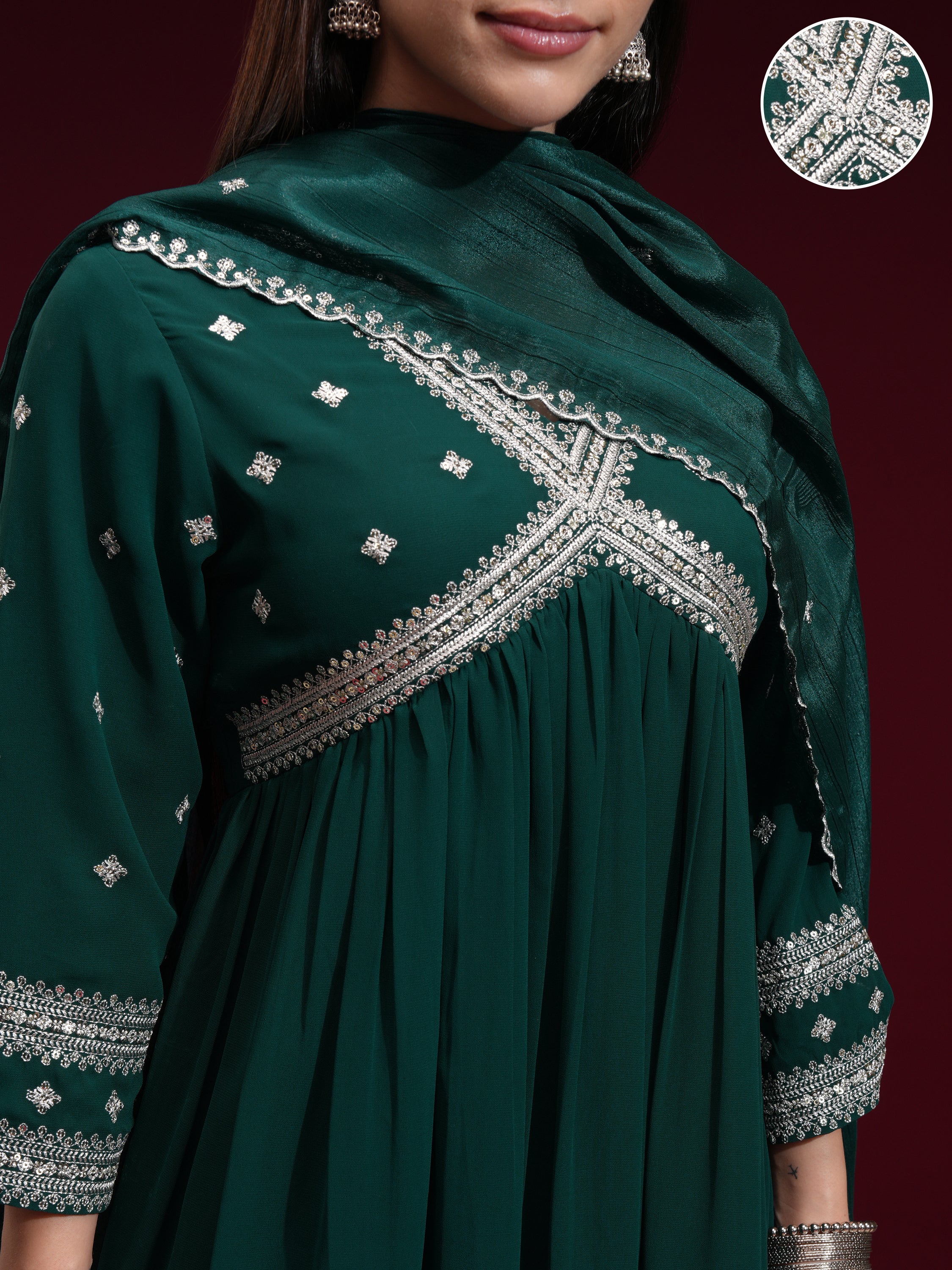 Vishudh Women Green Embroidered Kurta With Trouser And Dupatta - Green - Image 5