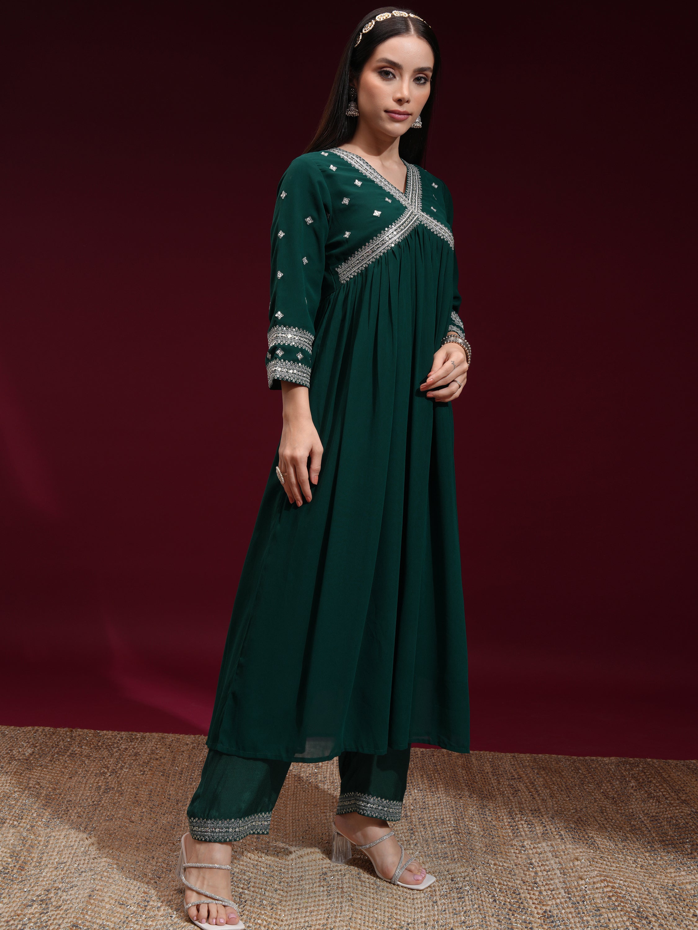 Vishudh Women Green Embroidered Kurta With Trouser And Dupatta - Green - Image 6