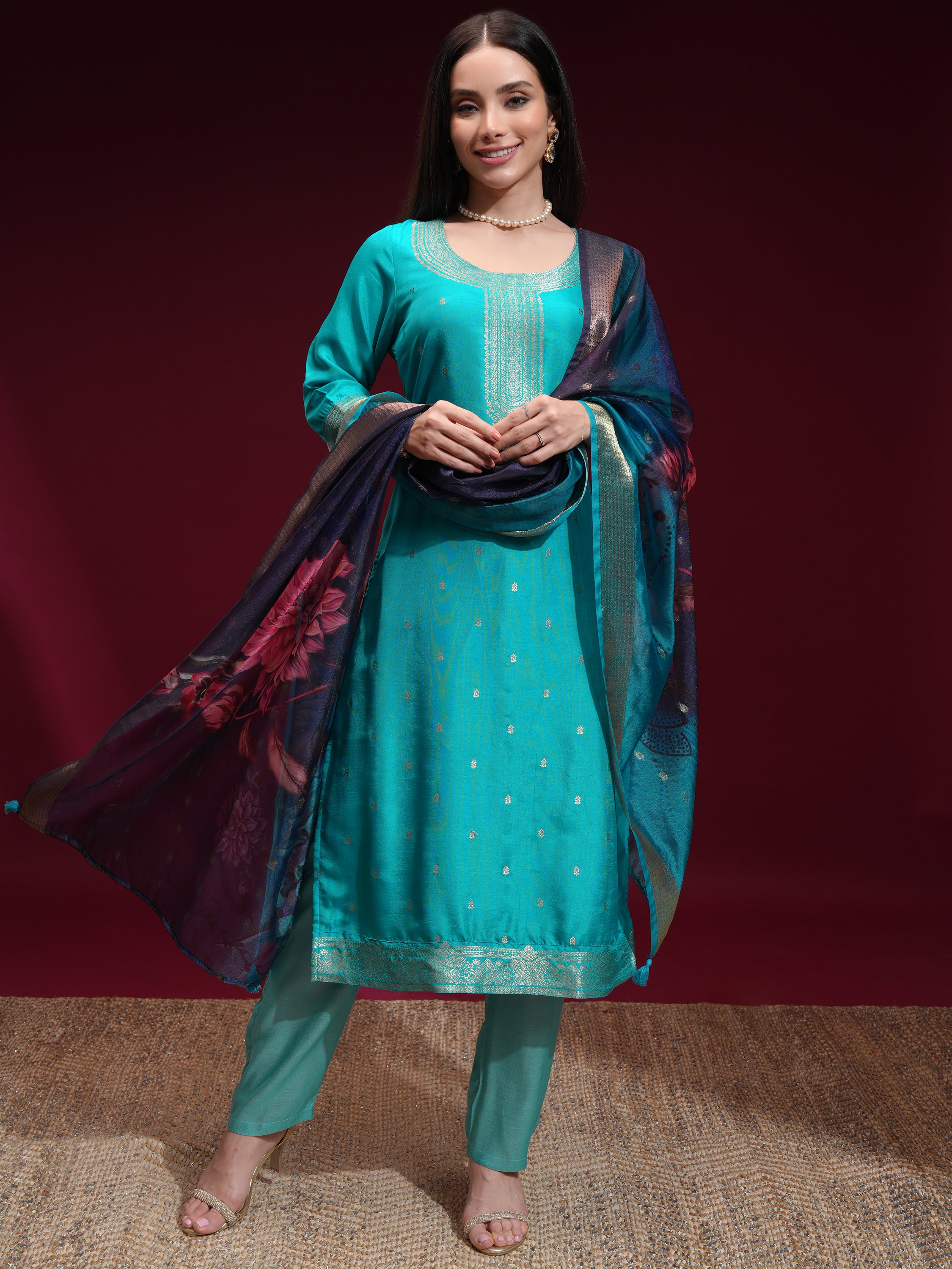 Vishudh Women Turquoise Printed Kurta With Palazzo And Dupatta - Turquoise - Image 2