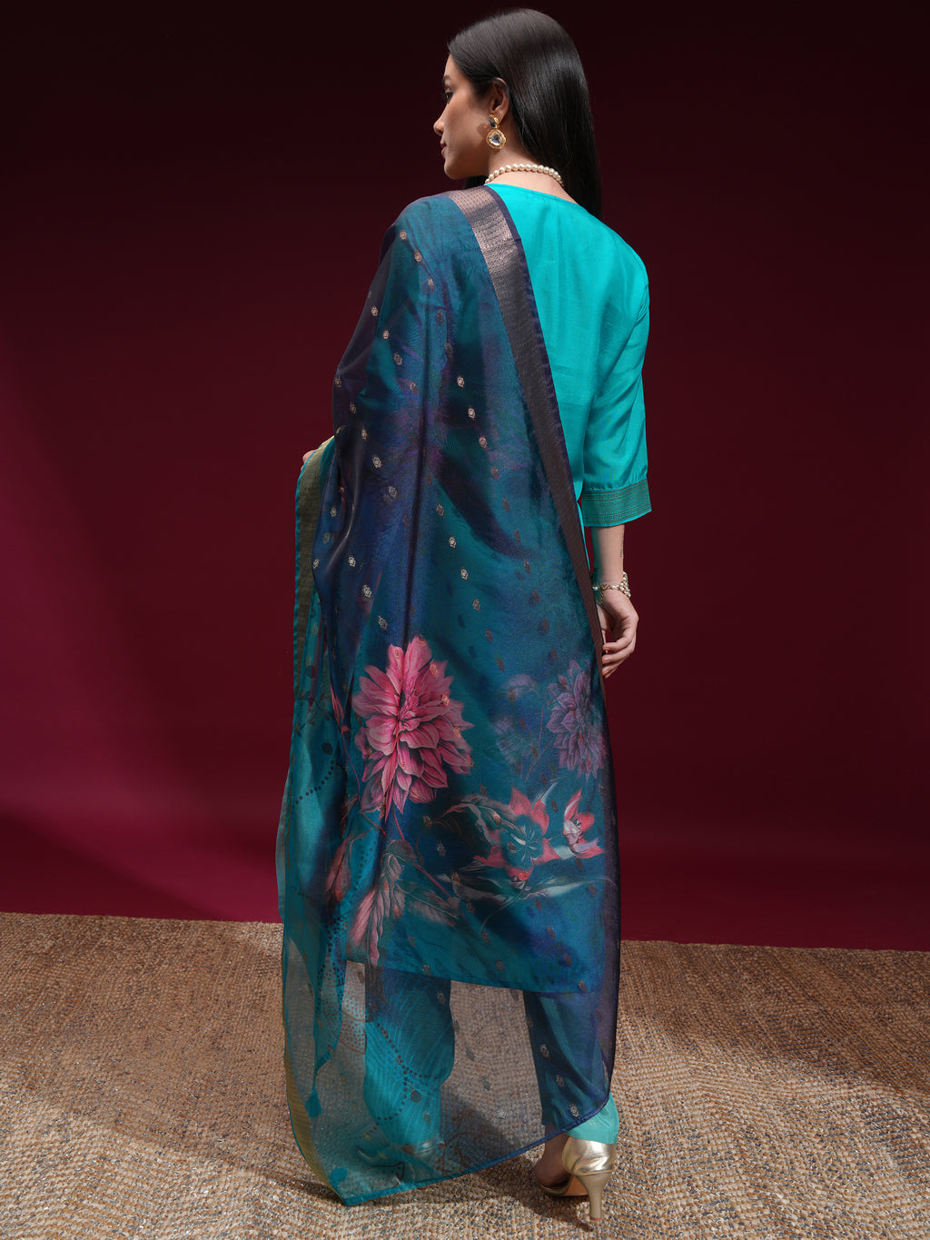 Vishudh Women Turquoise Printed Kurta With Palazzo And Dupatta - Turquoise - Image 3