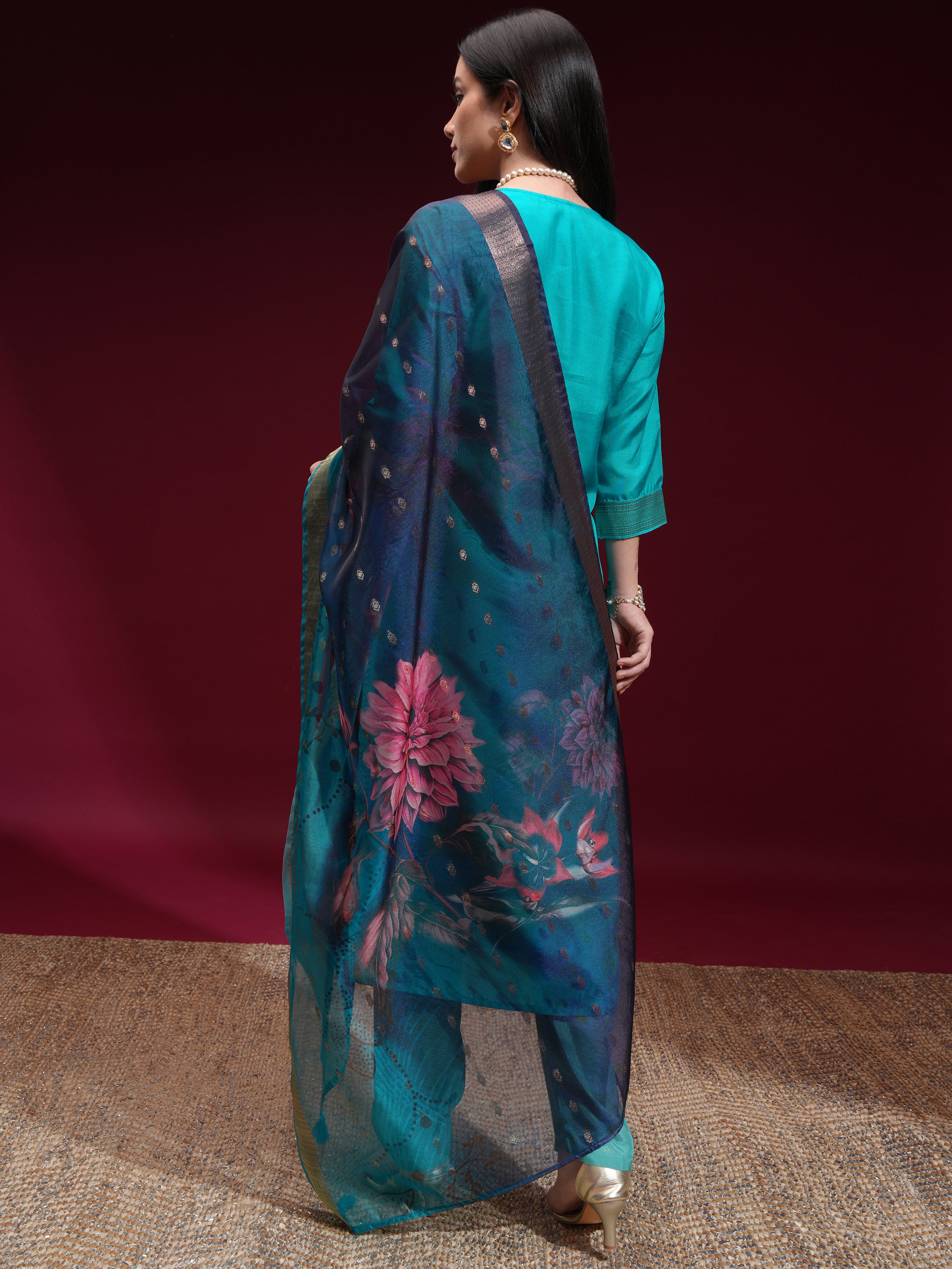 Vishudh Women Turquoise Printed Kurta With Palazzo And Dupatta - Turquoise - Image 3