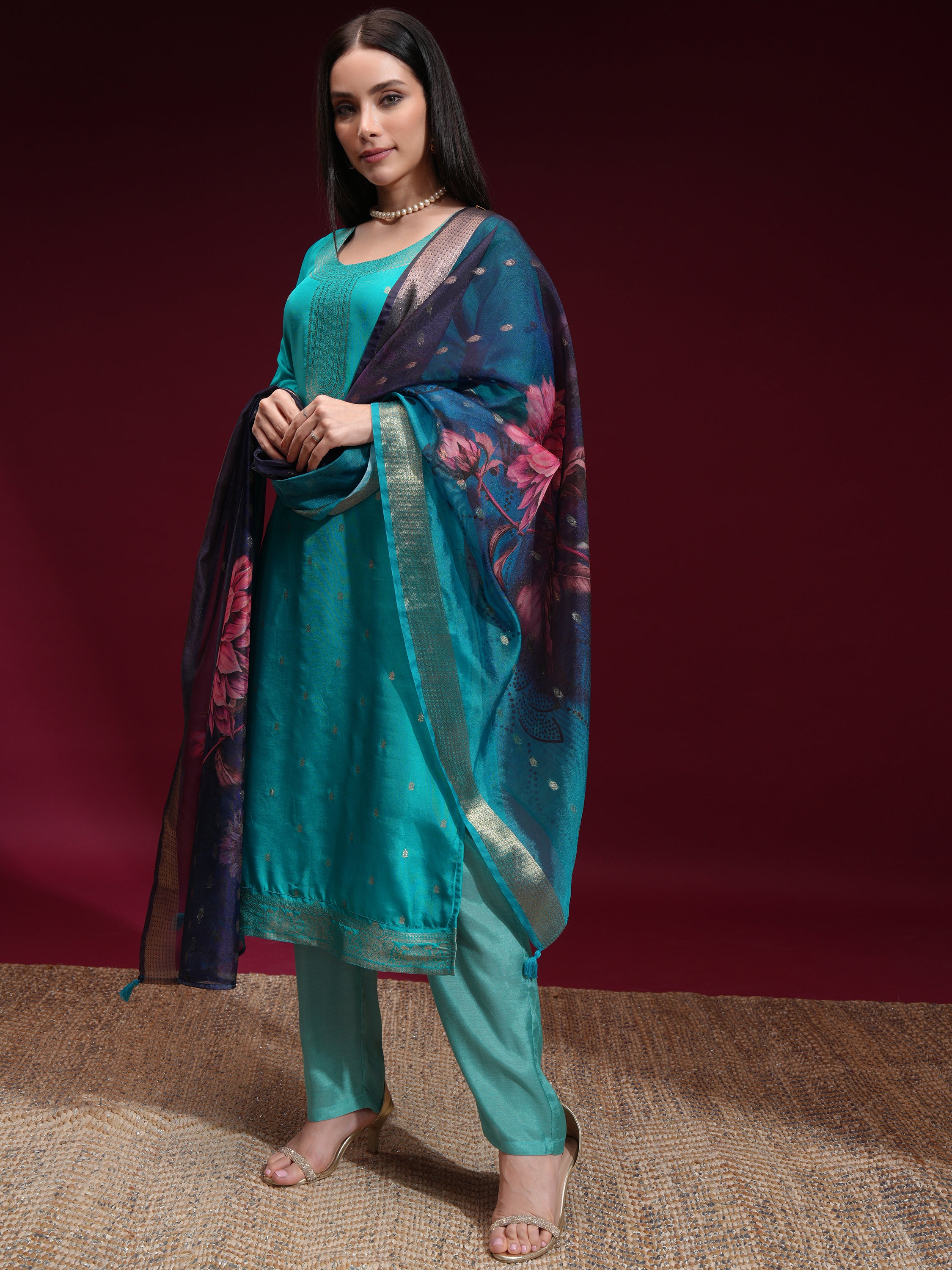 Vishudh Women Turquoise Printed Kurta With Palazzo And Dupatta - Turquoise - Image 4