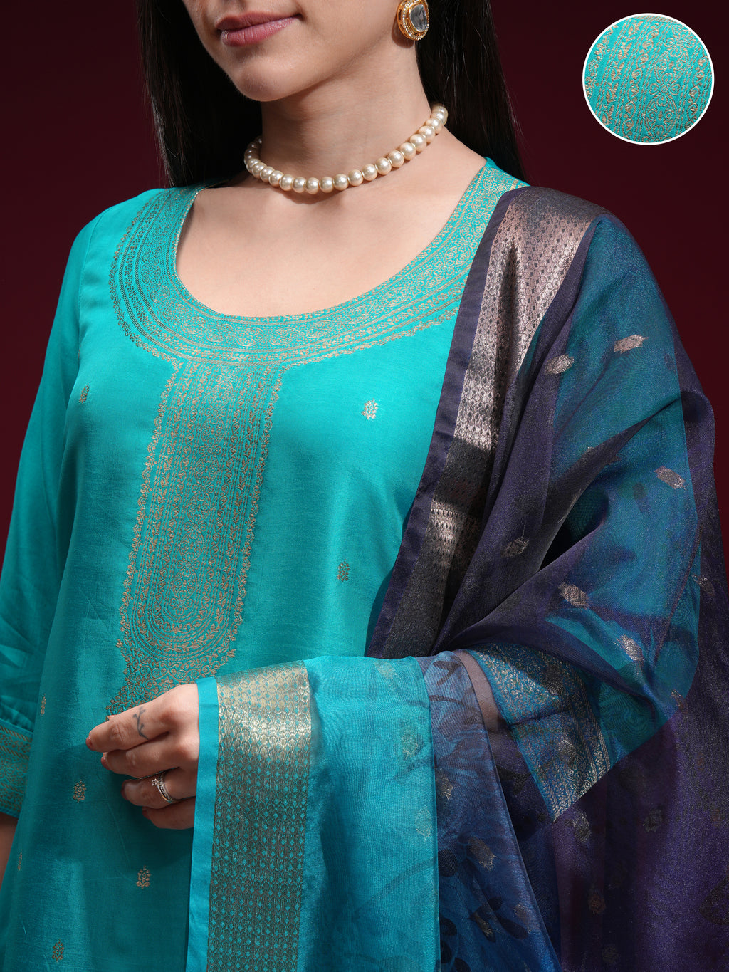Vishudh Women Turquoise Printed Kurta With Palazzo And Dupatta - Turquoise - Image 5