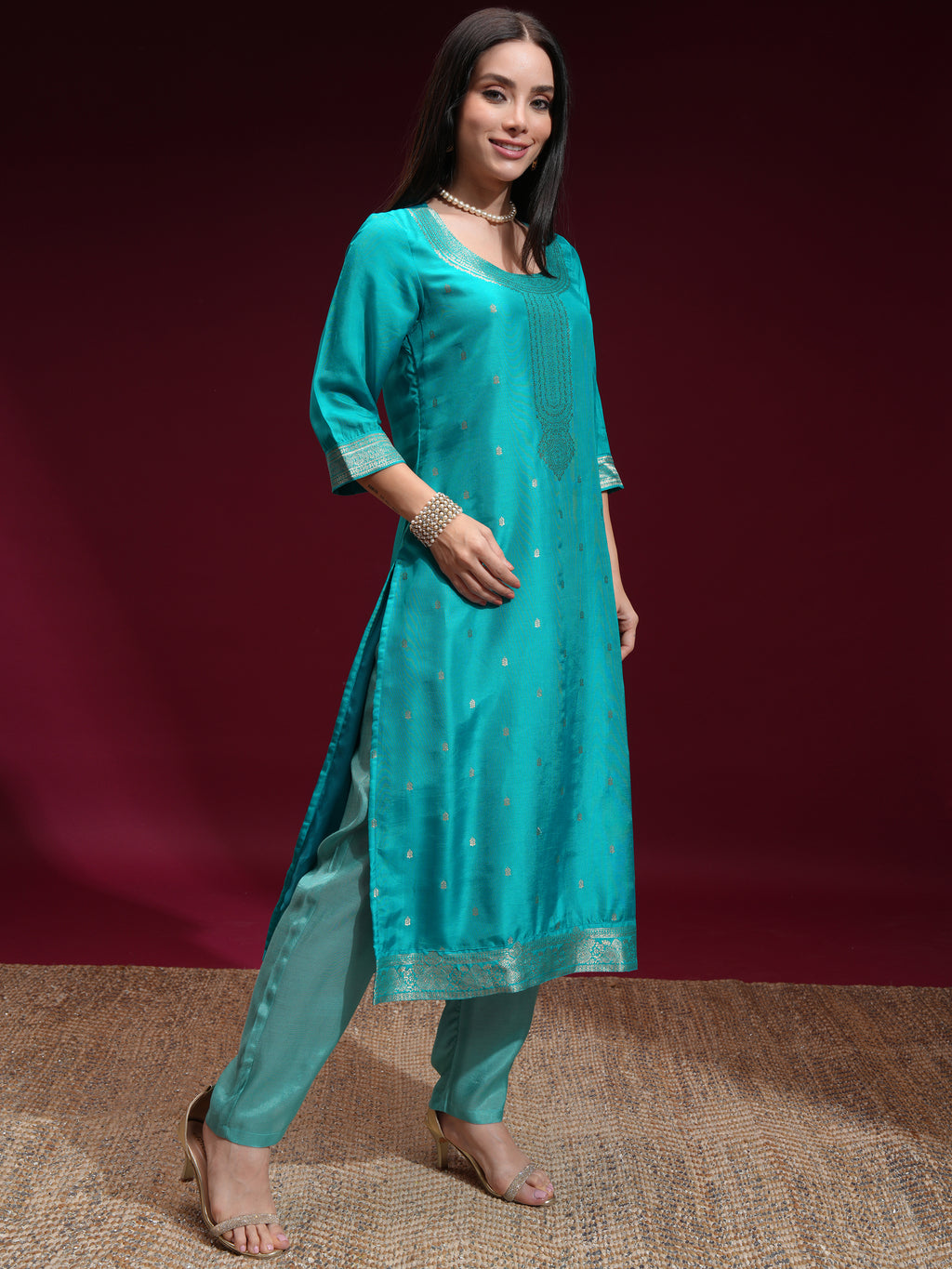 Vishudh Women Turquoise Printed Kurta With Palazzo And Dupatta - Turquoise - Image 6