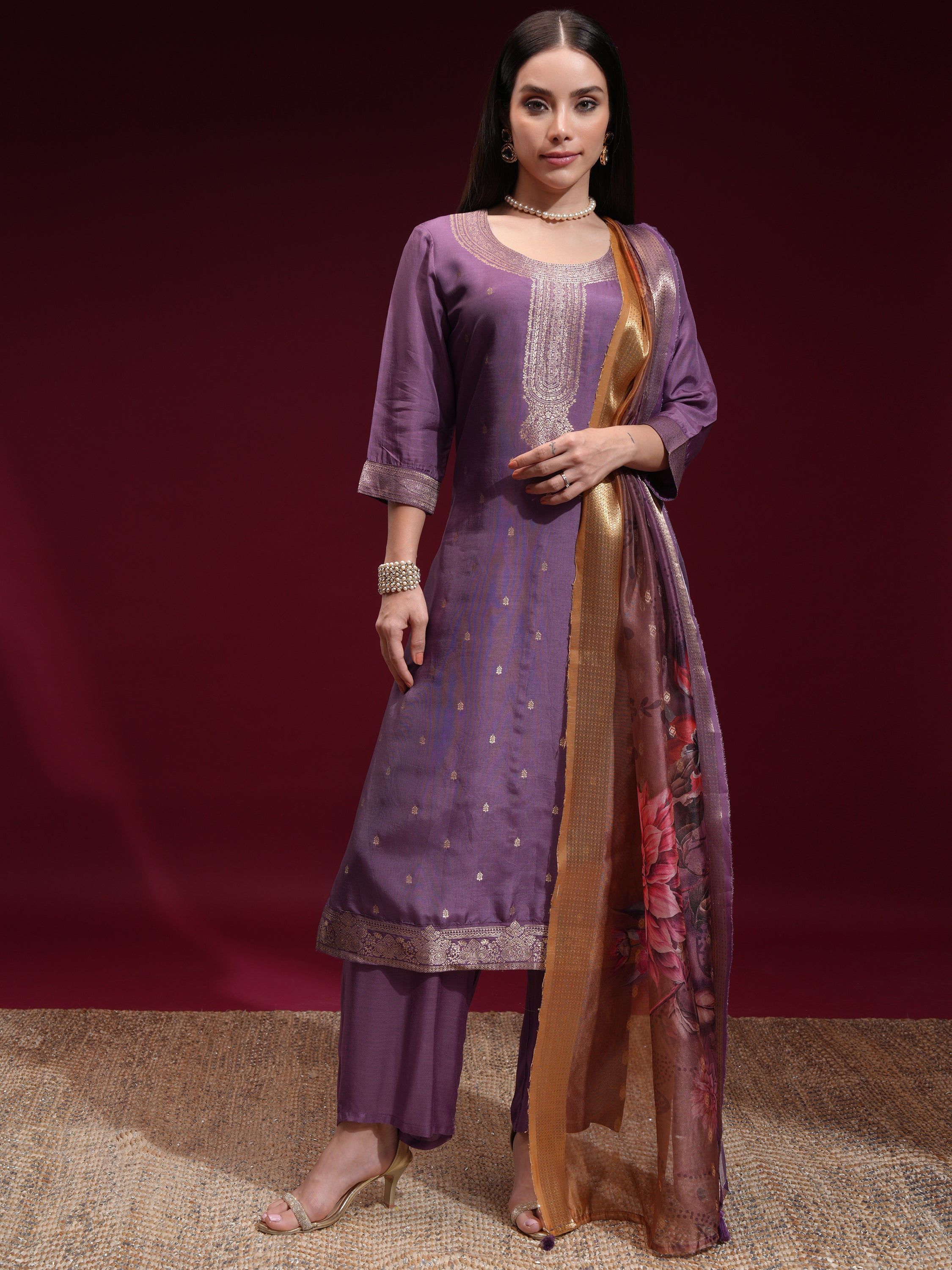 Vishudh Women Purple Printed Kurta With Palazzo And Dupatta - Purple - Image 2