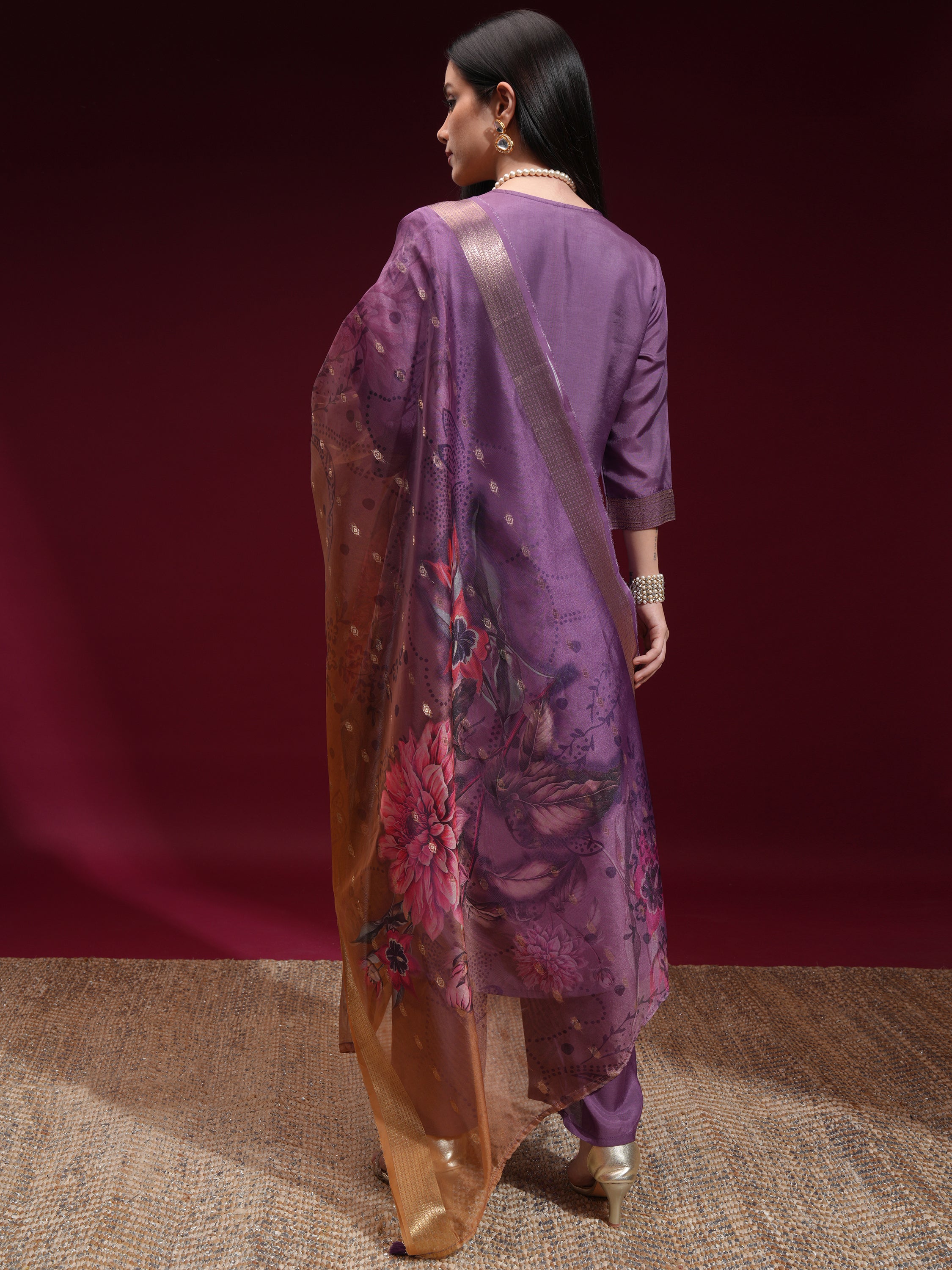 Vishudh Women Purple Printed Kurta With Palazzo And Dupatta - Purple - Image 3
