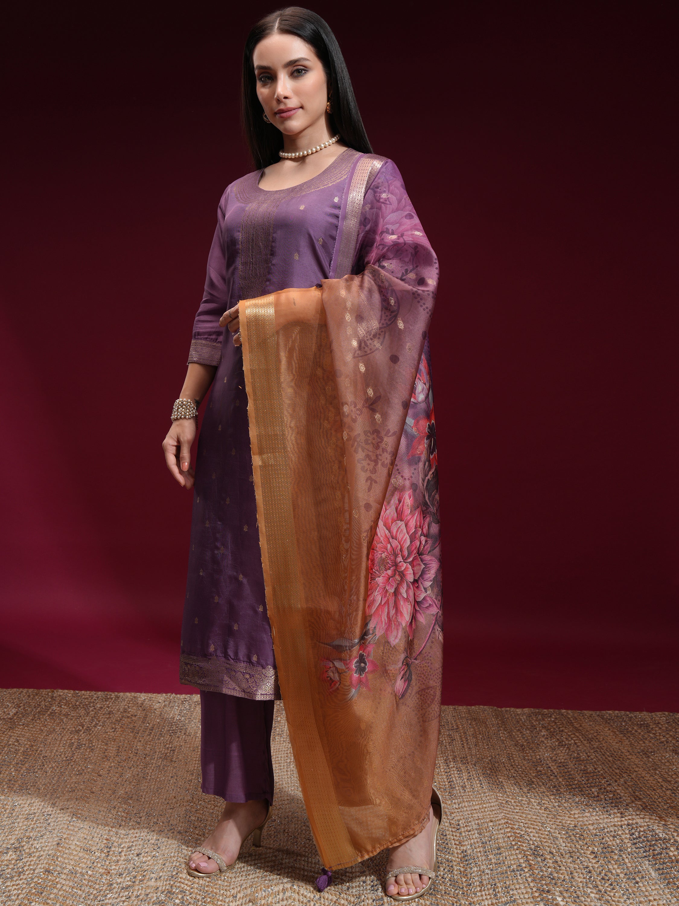 Vishudh Women Purple Printed Kurta With Palazzo And Dupatta - Purple - Image 4