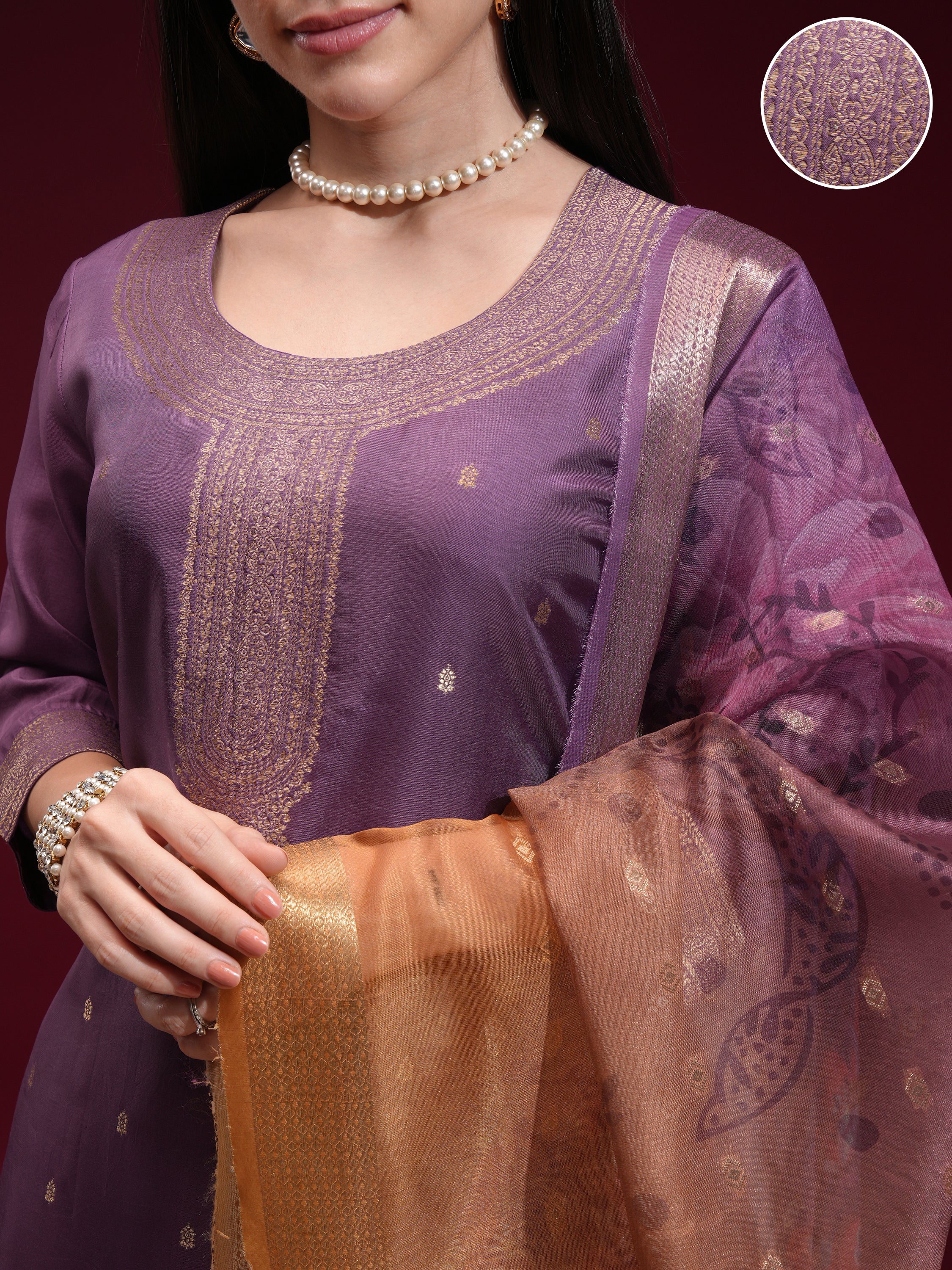 Vishudh Women Purple Printed Kurta With Palazzo And Dupatta - Purple - Image 5