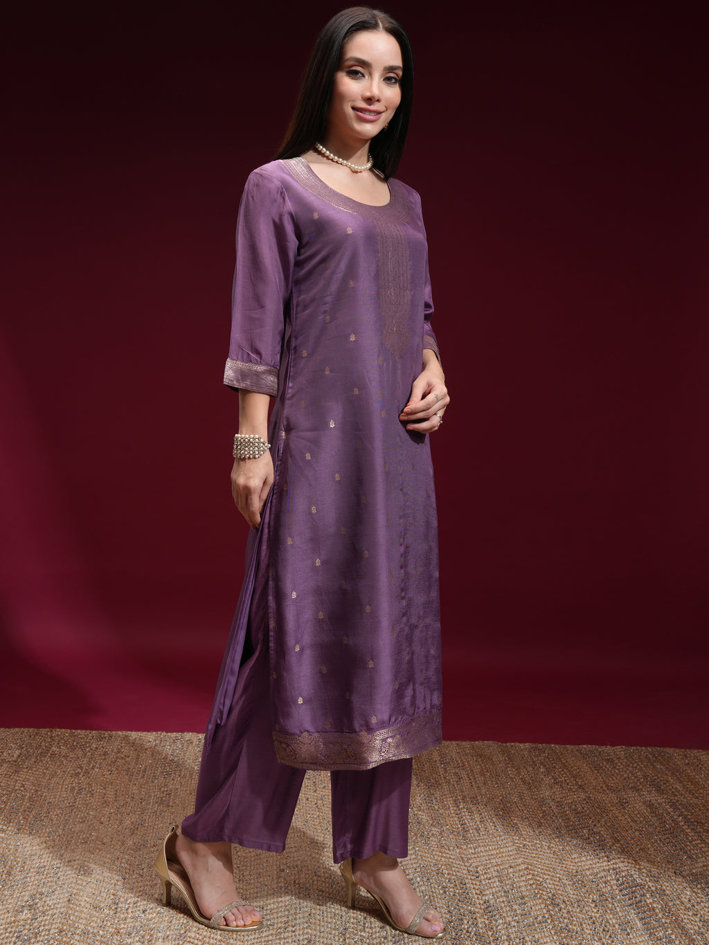 Vishudh Women Purple Printed Kurta With Palazzo And Dupatta - Purple - Image 6