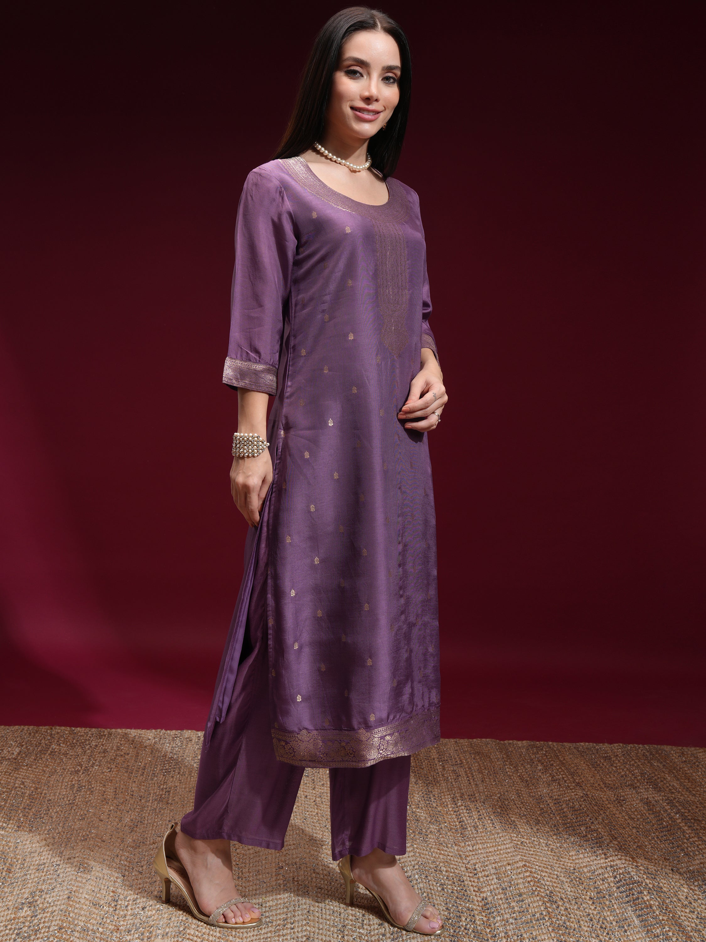 Vishudh Women Purple Printed Kurta With Palazzo And Dupatta - Purple - Image 6