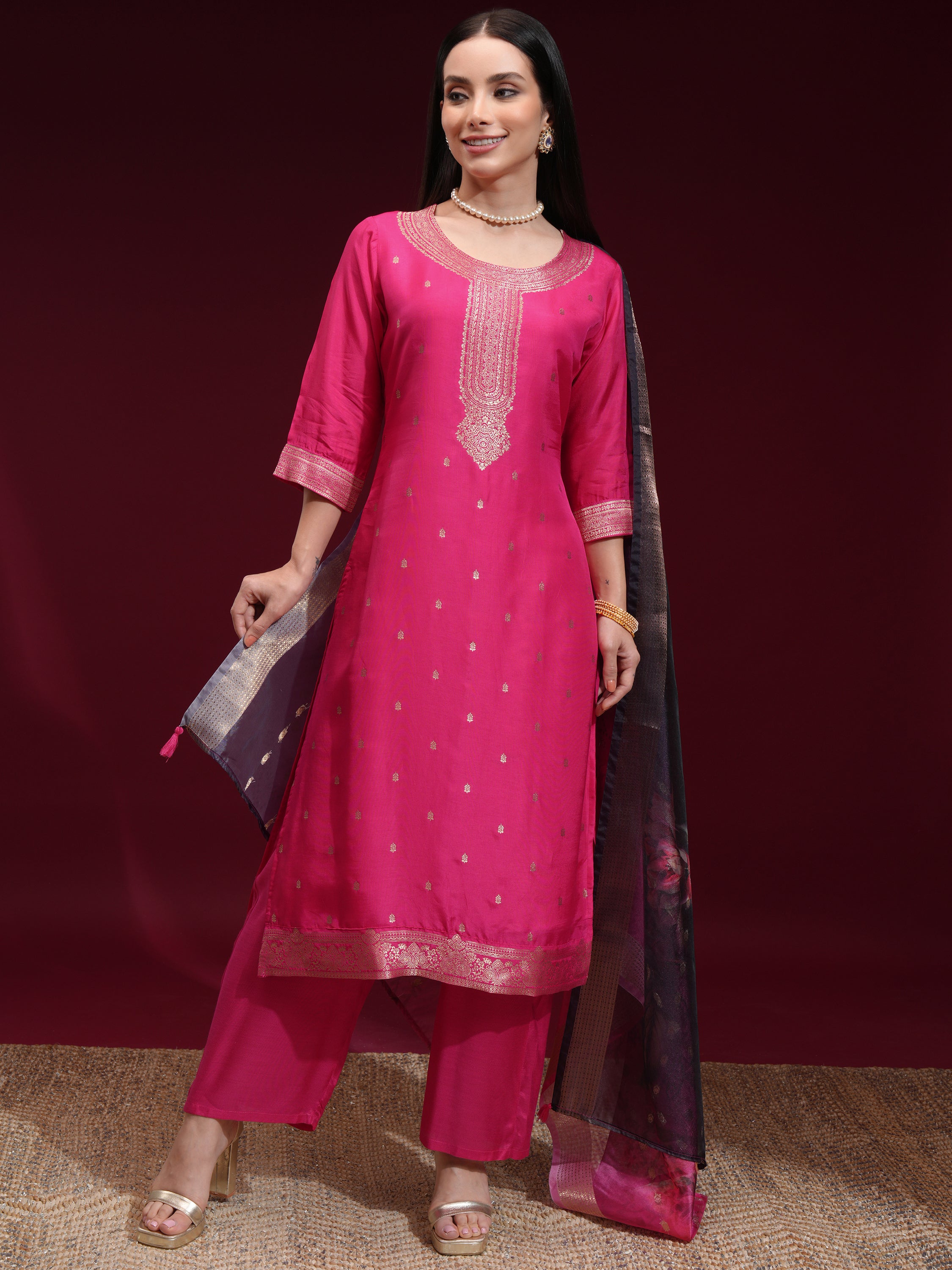 Vishudh Women Pink Printed Kurta With Palazzo And Dupatta - Pink - Image 2