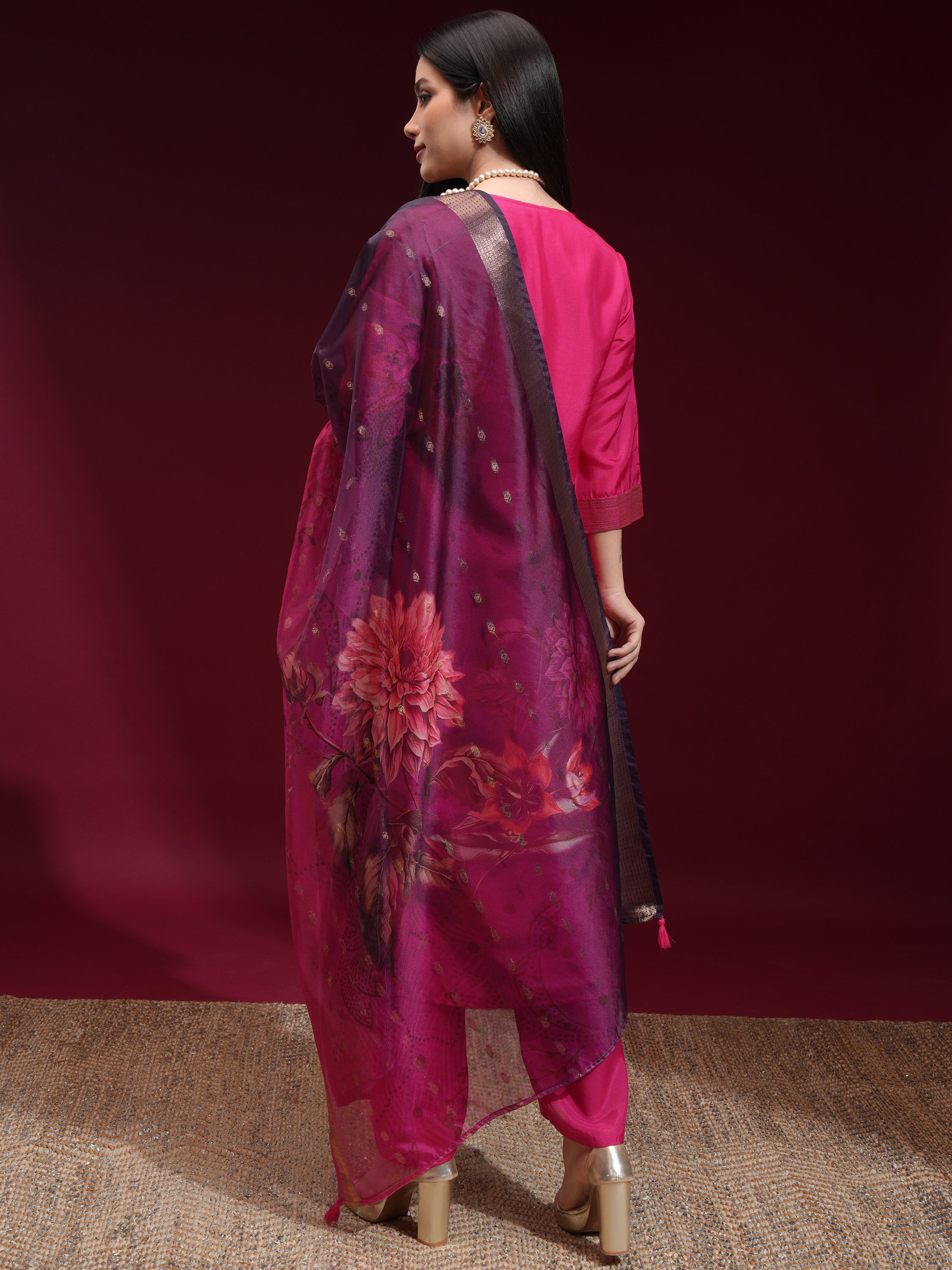Vishudh Women Pink Printed Kurta With Palazzo And Dupatta - Pink - Image 3
