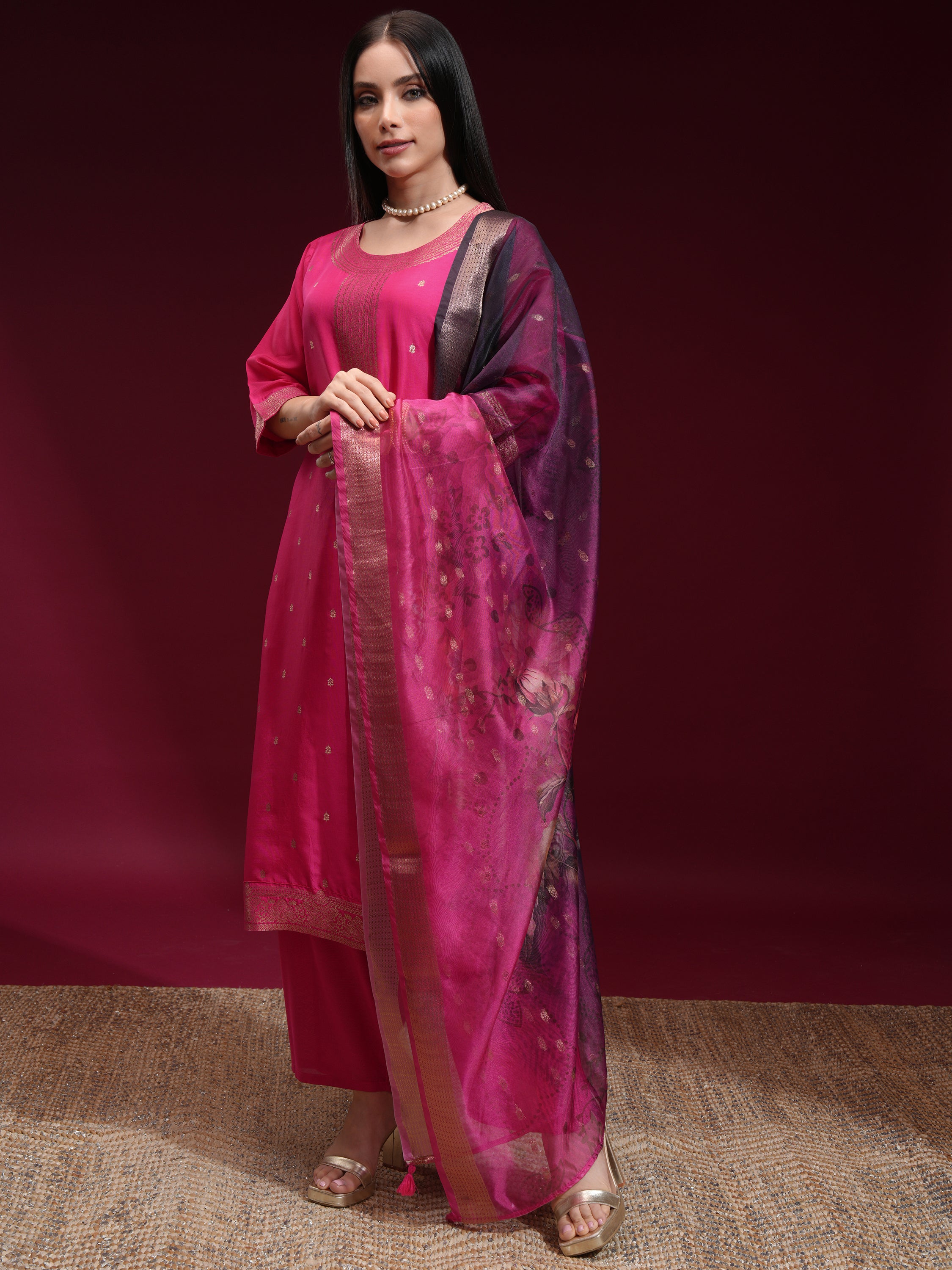 Vishudh Women Pink Printed Kurta With Palazzo And Dupatta - Pink - Image 4