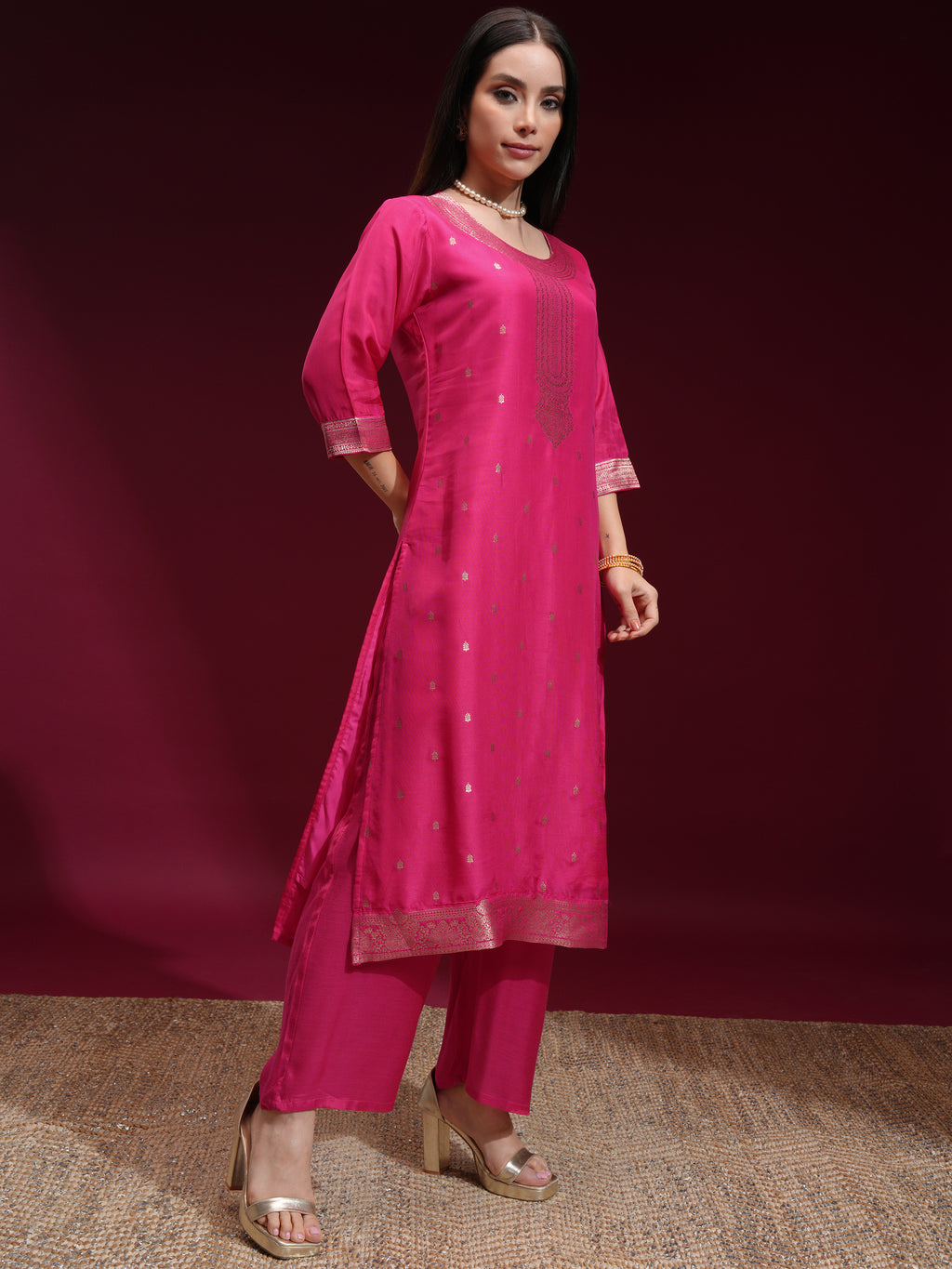 Vishudh Women Pink Printed Kurta With Palazzo And Dupatta - Pink - Image 6