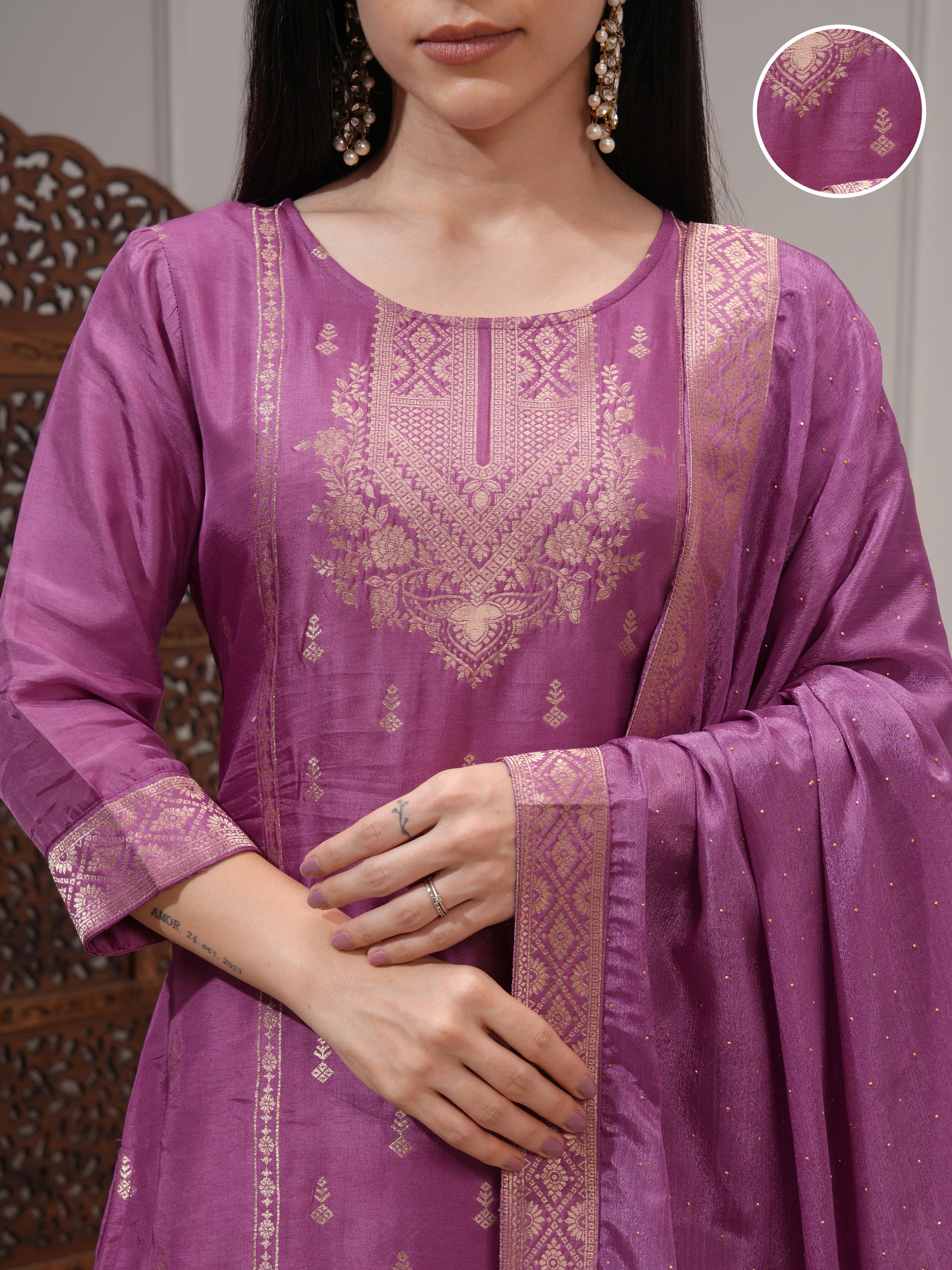Vishudh Women Mauve Printed Kurta With Palazzo And Dupatta - Mauve - Image 5