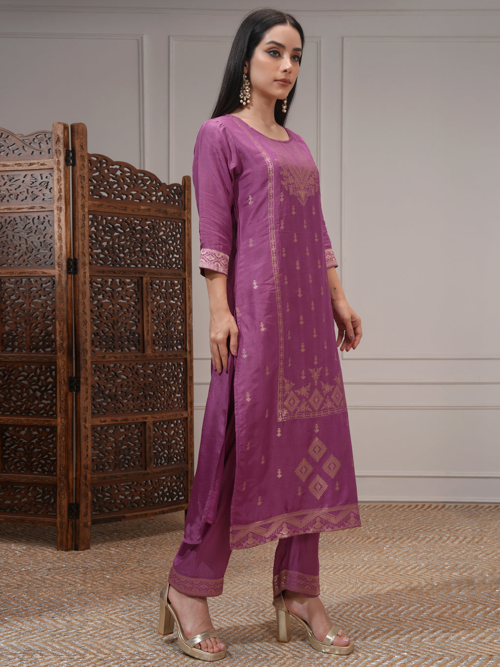Vishudh Women Mauve Printed Kurta With Palazzo And Dupatta - Mauve - Image 6