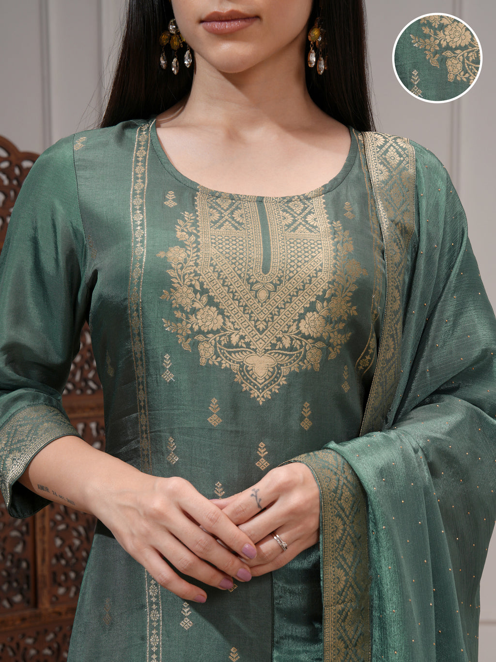 Vishudh Women Green Printed Kurta With Palazzo And Dupatta - Green - Image 5