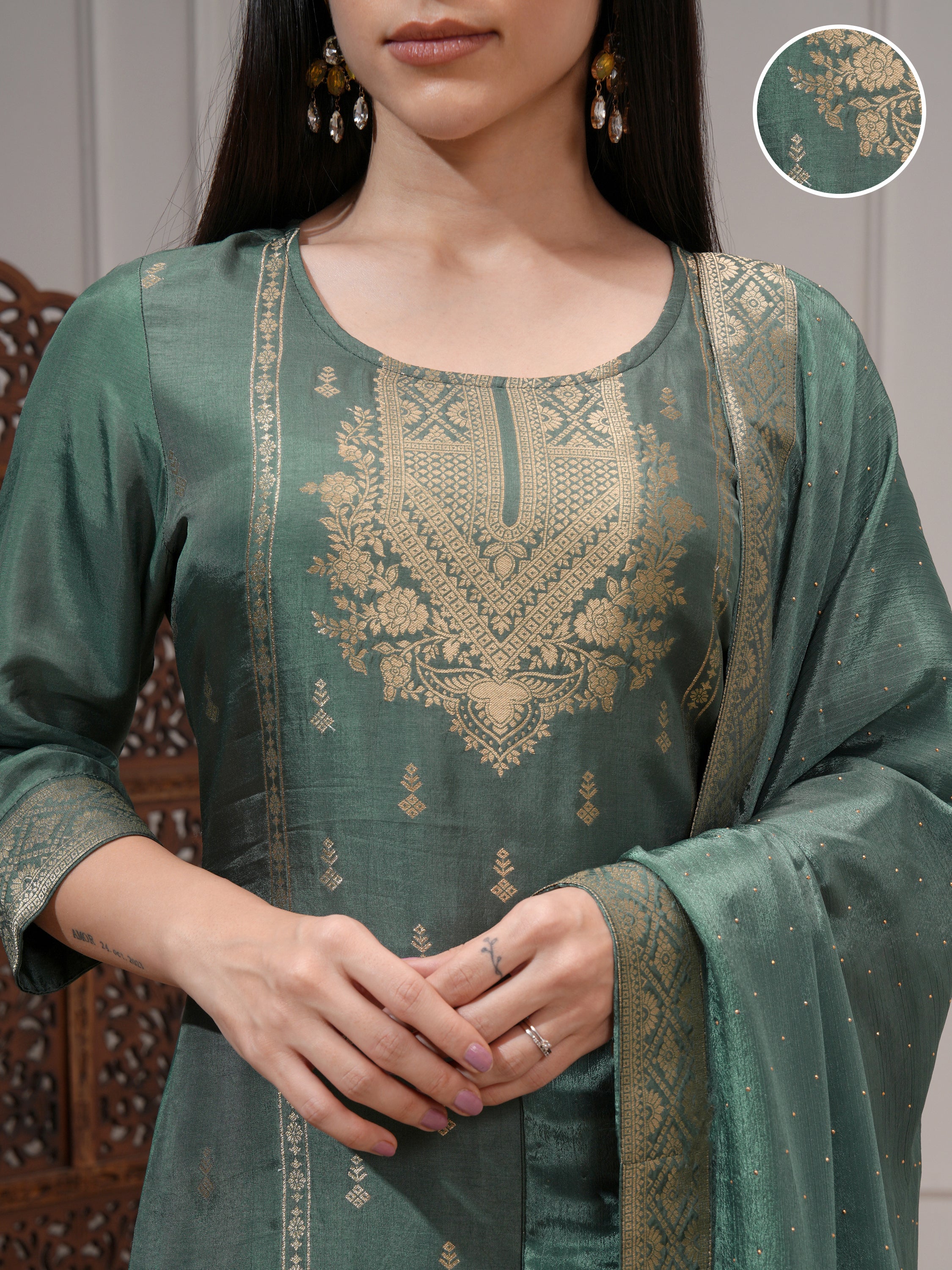 Vishudh Women Green Printed Kurta With Palazzo And Dupatta - Green - Image 5