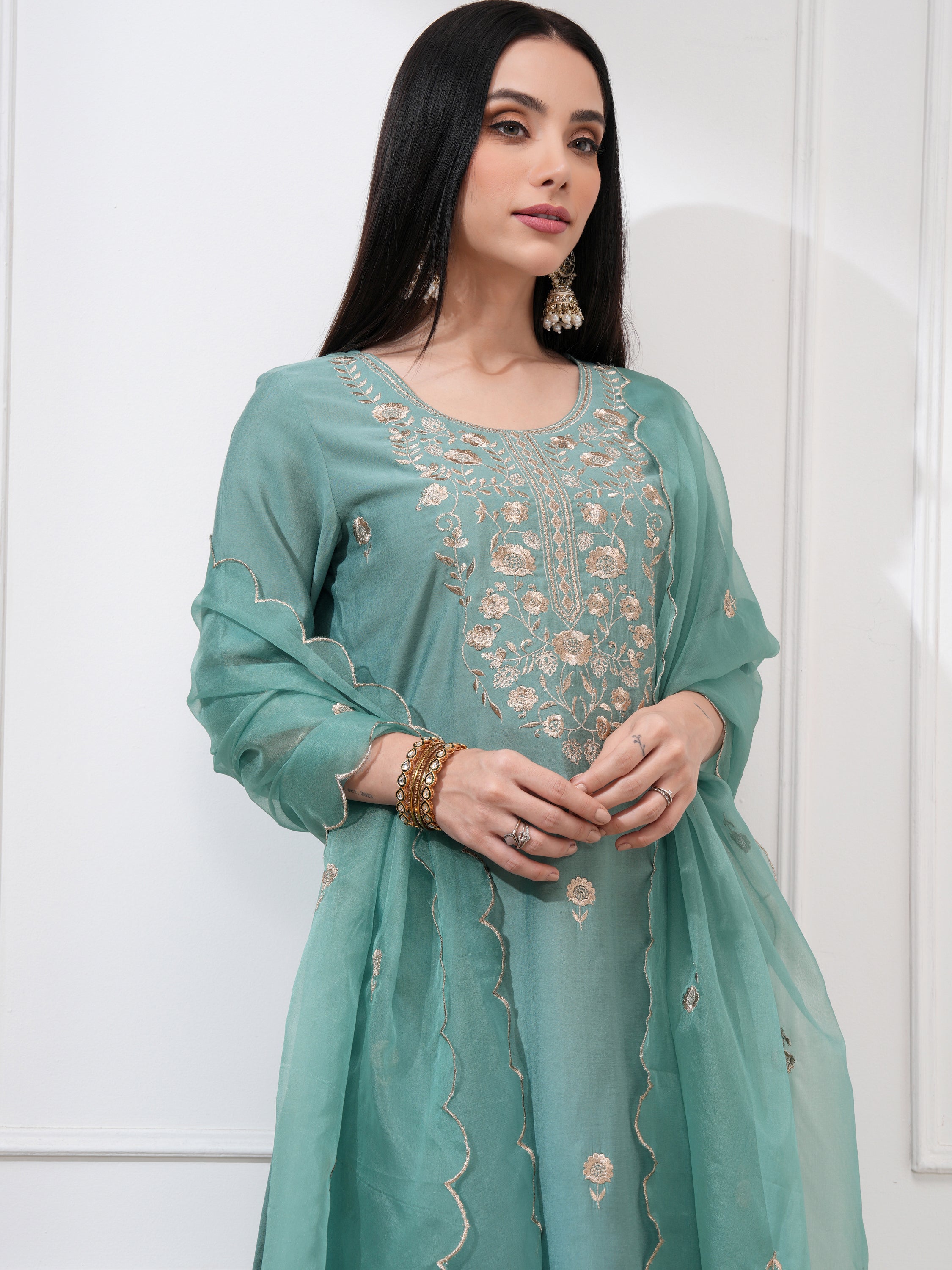 Vishudh Women Sea Green Embroidered Kurta With Trousers And Dupatta - Sea Green - Image 1