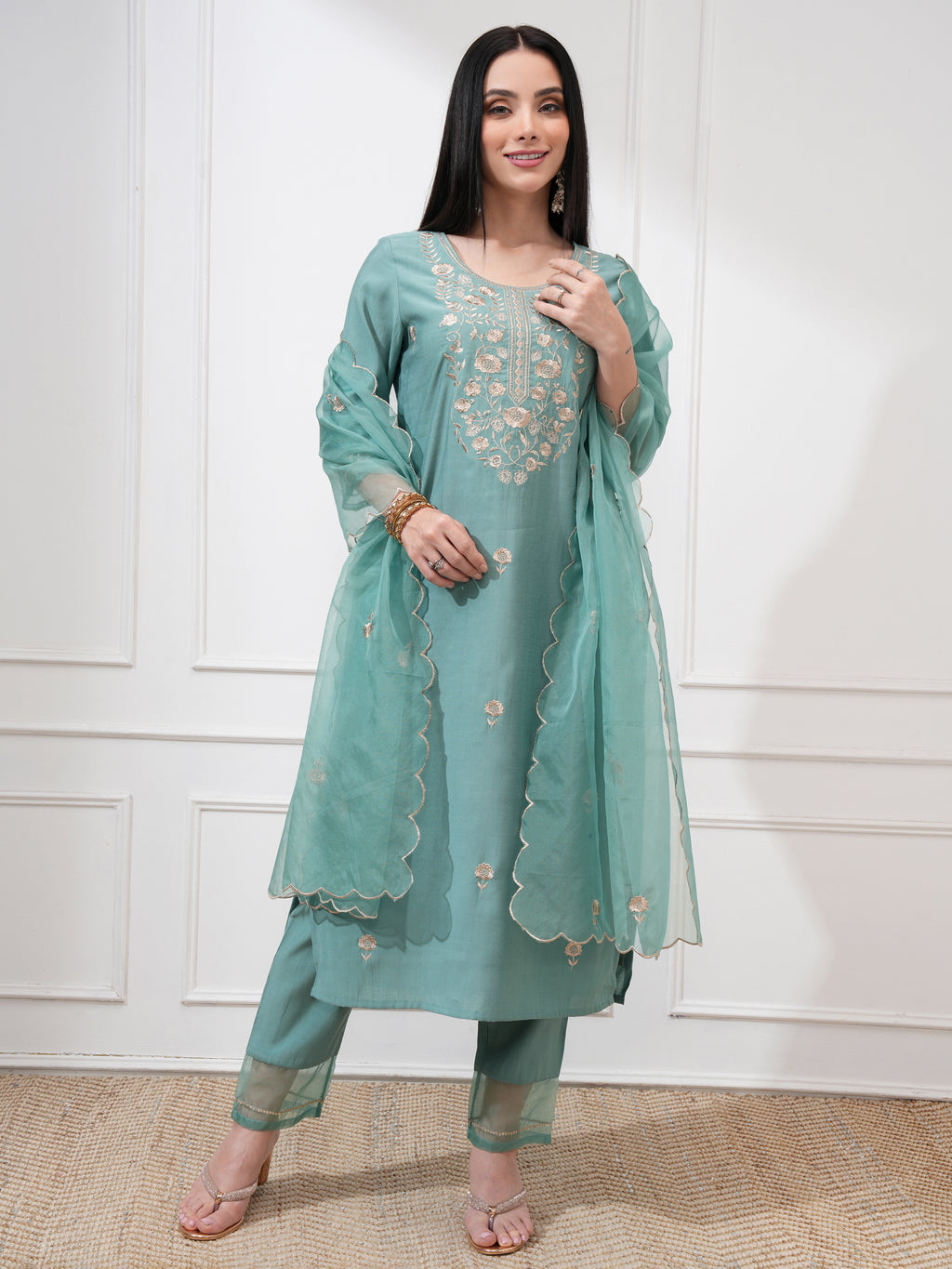 Vishudh Women Sea Green Embroidered Kurta With Trousers And Dupatta - Sea Green - Image 2