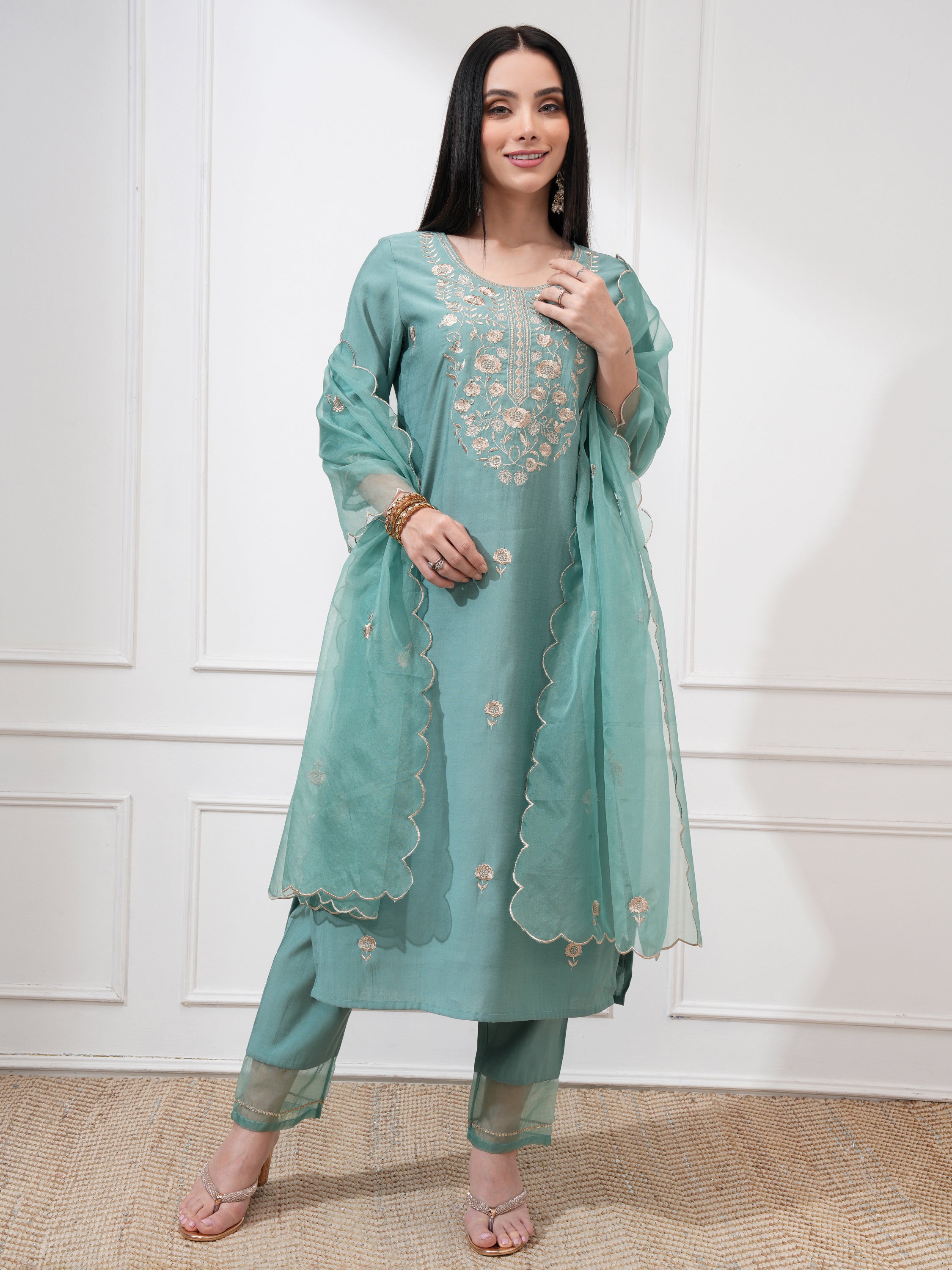 Vishudh Women Sea Green Embroidered Kurta With Trousers And Dupatta - Sea Green - Image 2
