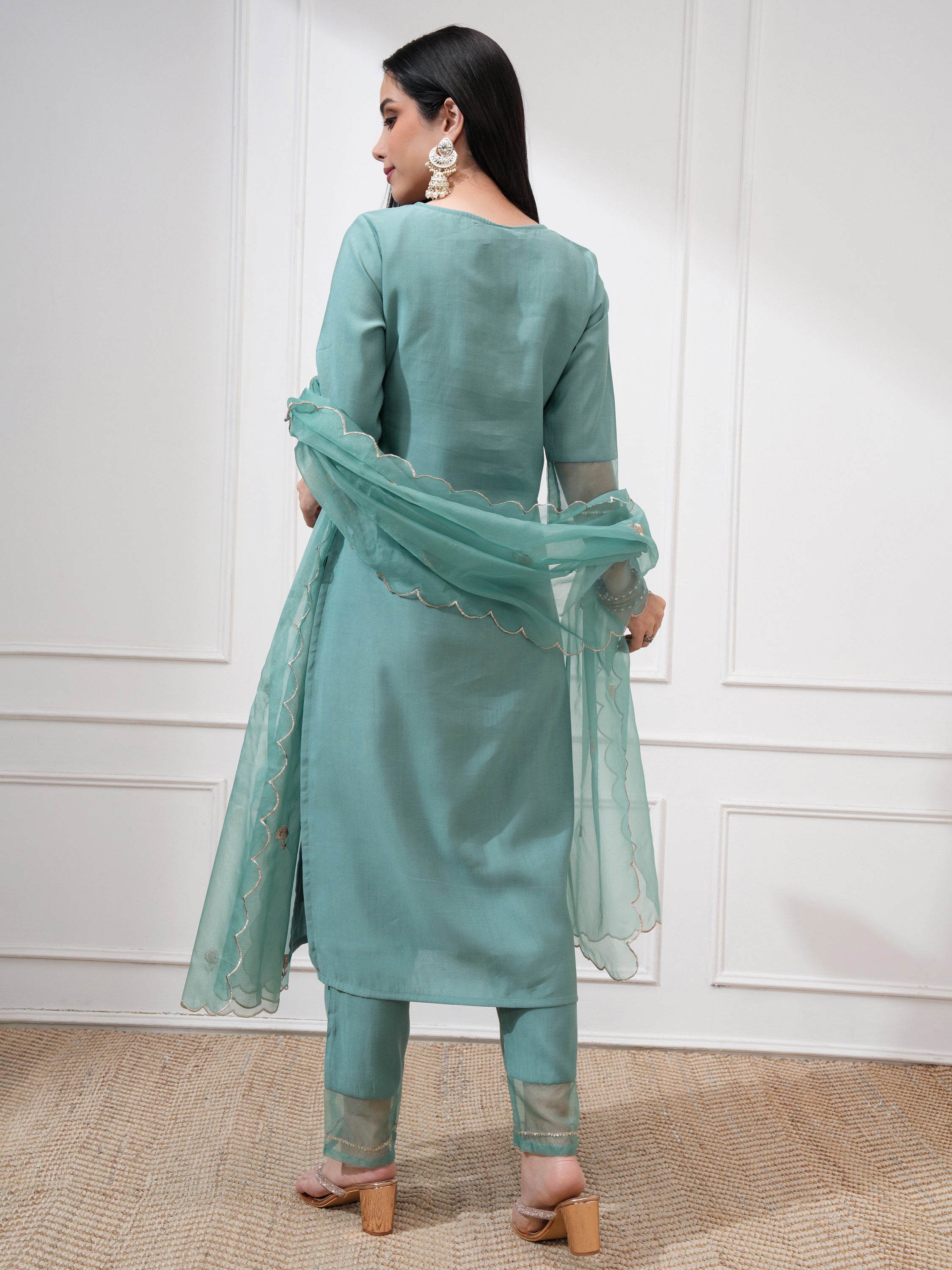 Vishudh Women Sea Green Embroidered Kurta With Trousers And Dupatta - Sea Green - Image 3