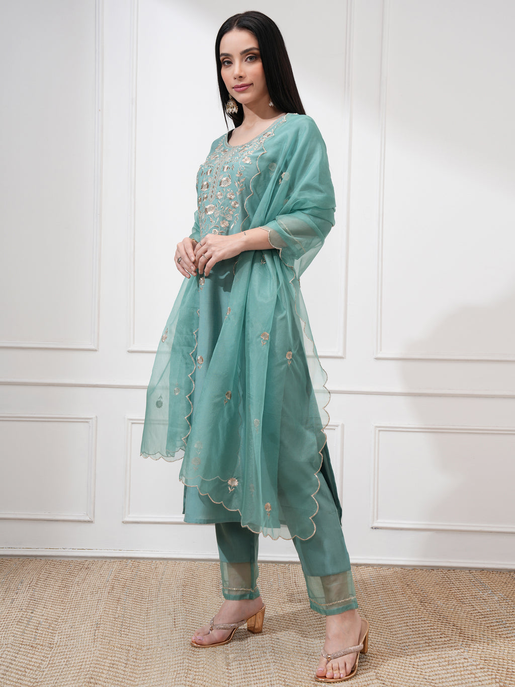 Vishudh Women Sea Green Embroidered Kurta With Trousers And Dupatta - Sea Green - Image 4