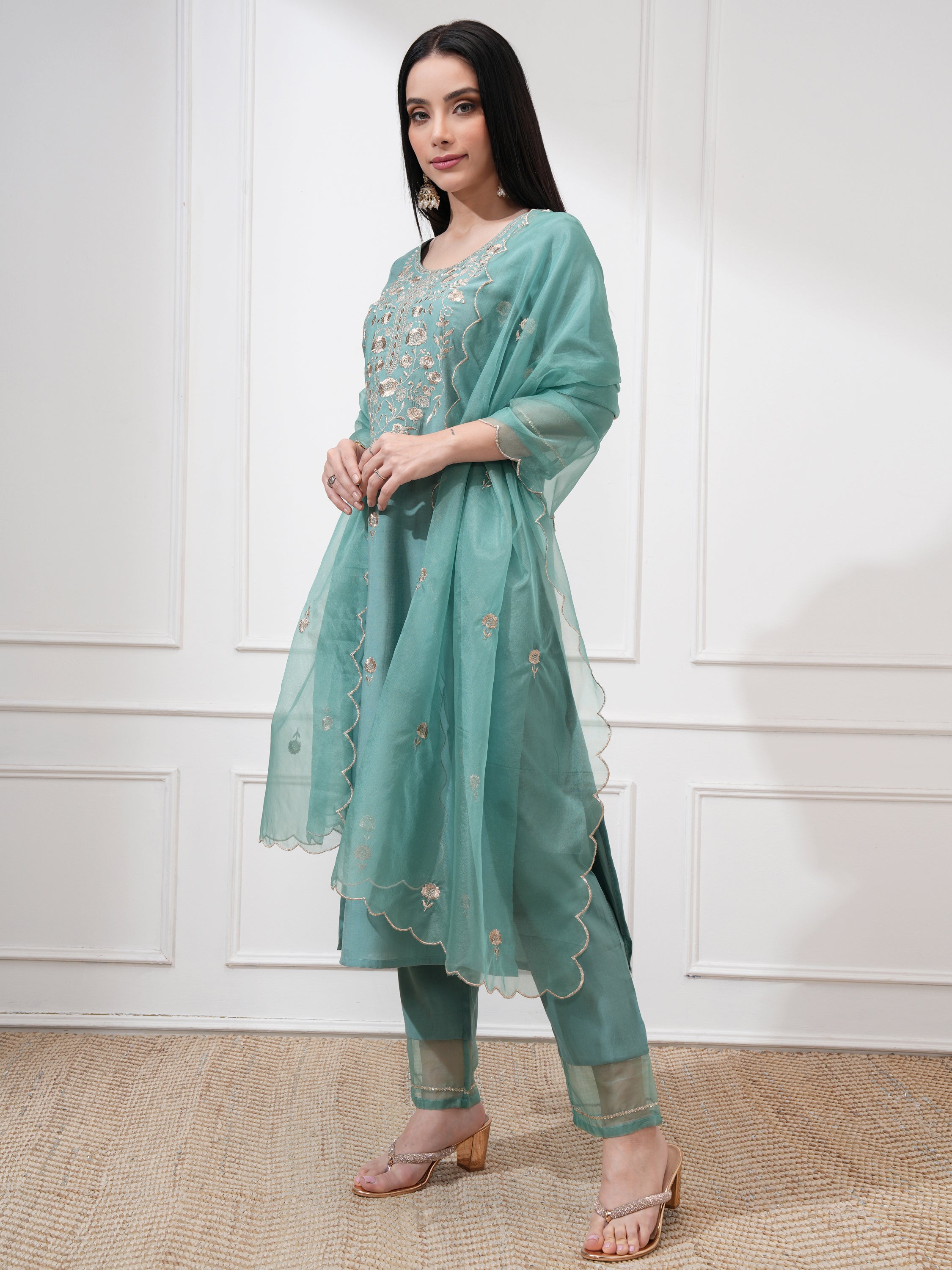 Vishudh Women Sea Green Embroidered Kurta With Trousers And Dupatta - Sea Green - Image 4