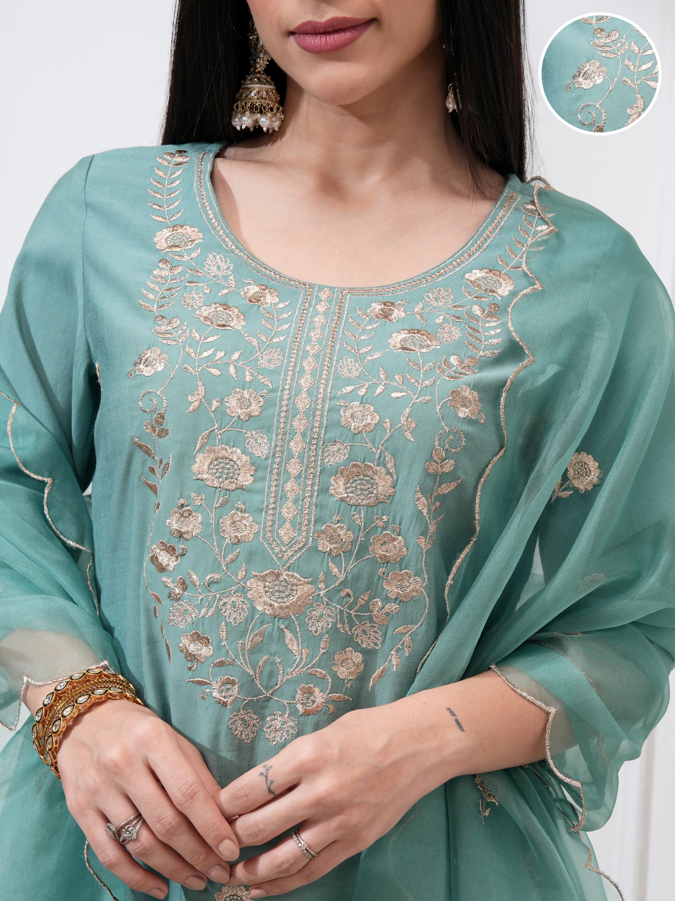Vishudh Women Sea Green Embroidered Kurta With Trousers And Dupatta - Sea Green - Image 5