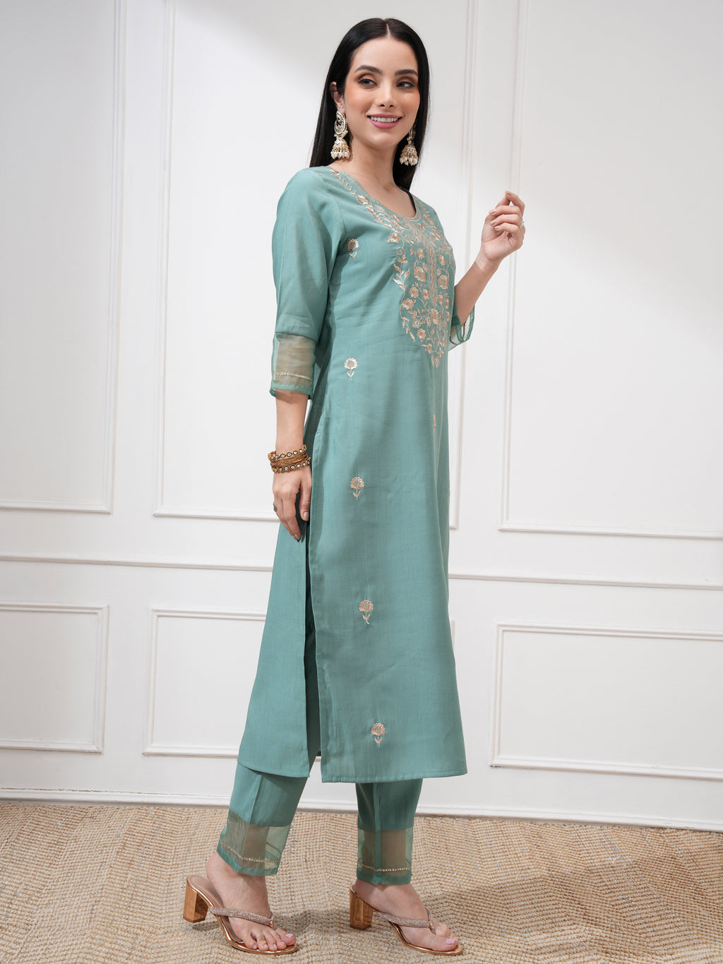Vishudh Women Sea Green Embroidered Kurta With Trousers And Dupatta - Sea Green - Image 6