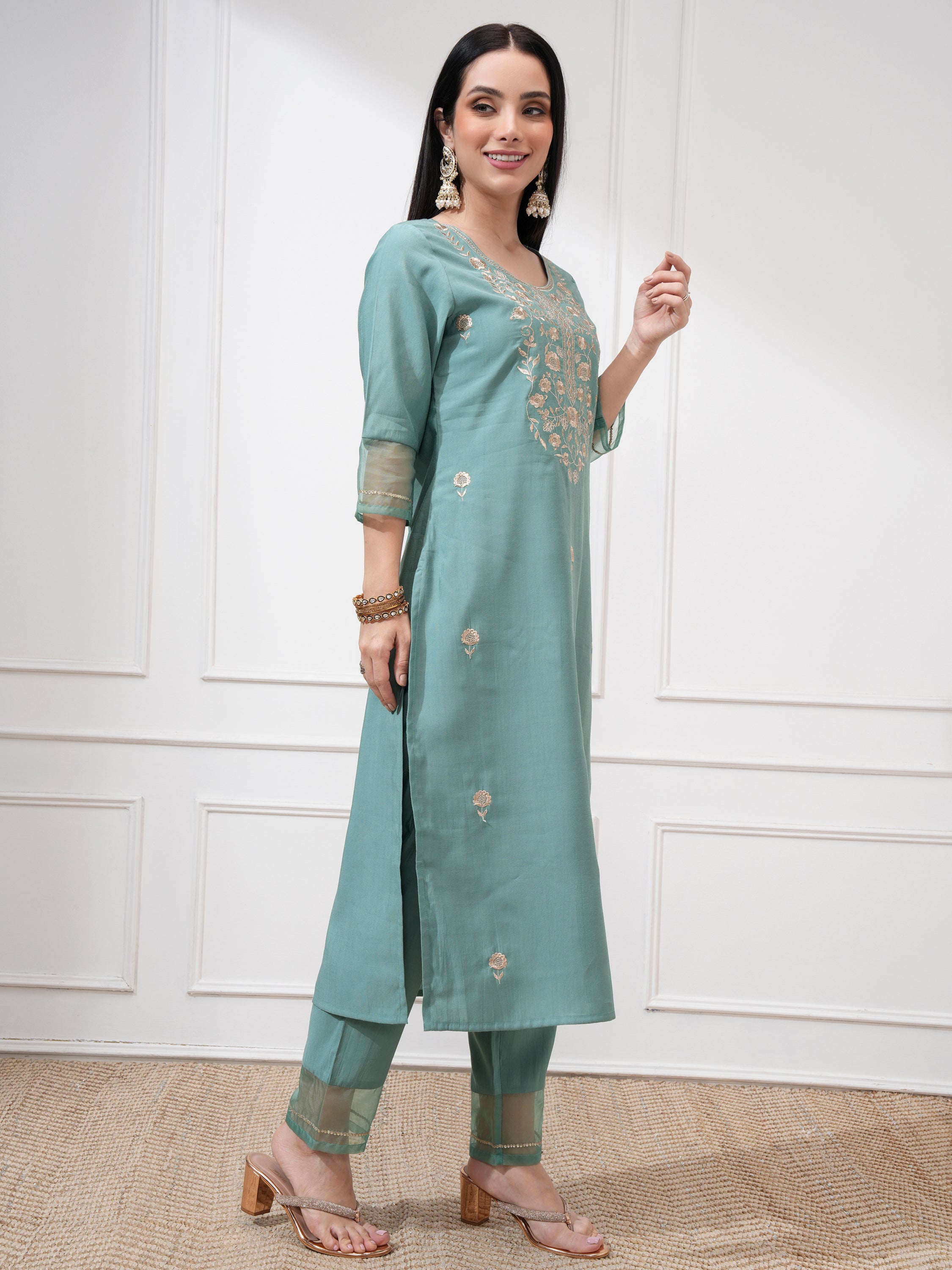 Vishudh Women Sea Green Embroidered Kurta With Trousers And Dupatta - Sea Green - Image 6