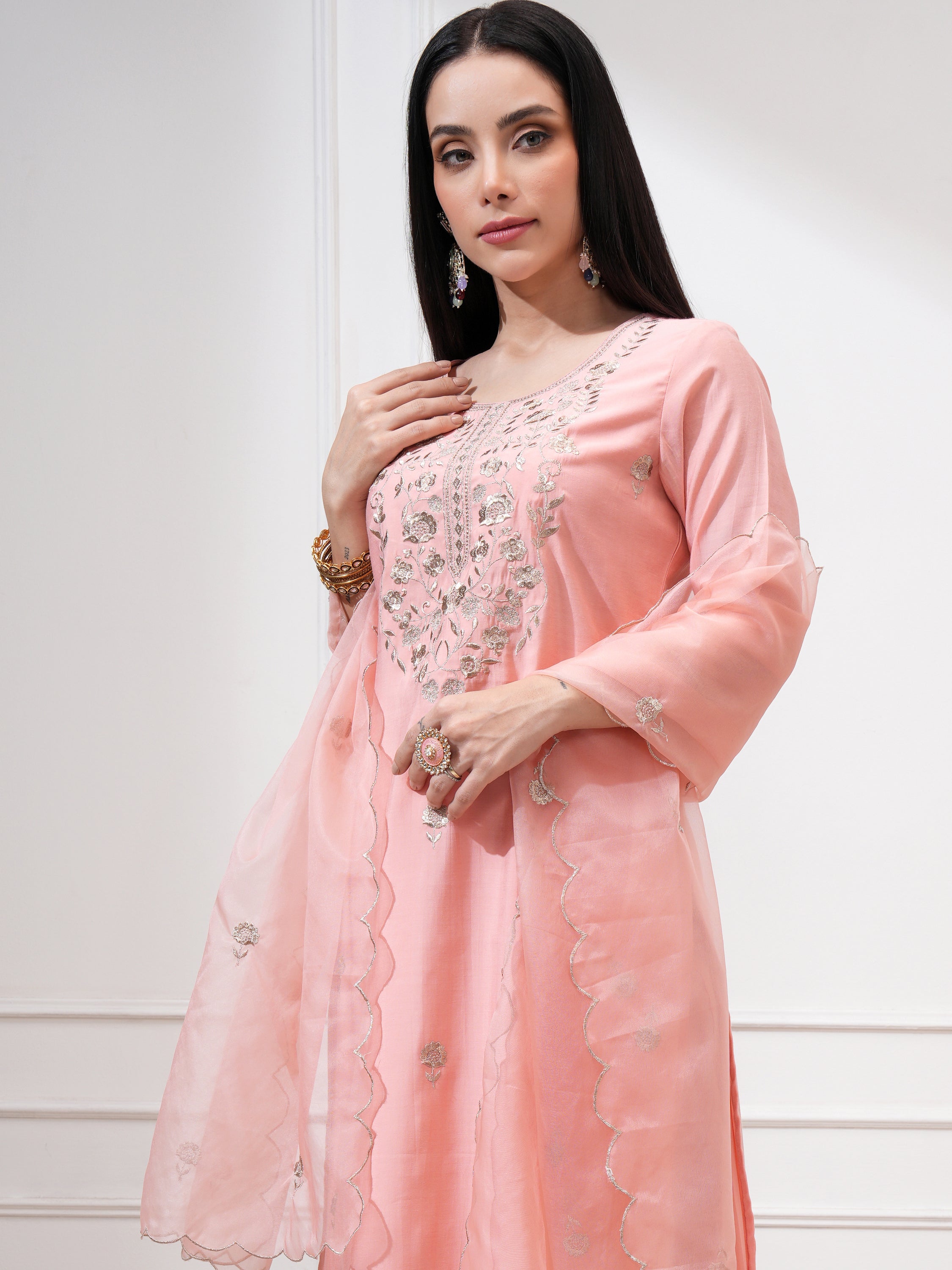 Vishudh Women Peach Embroidered Kurta With Trousers And Dupatta - Peach - Image 1
