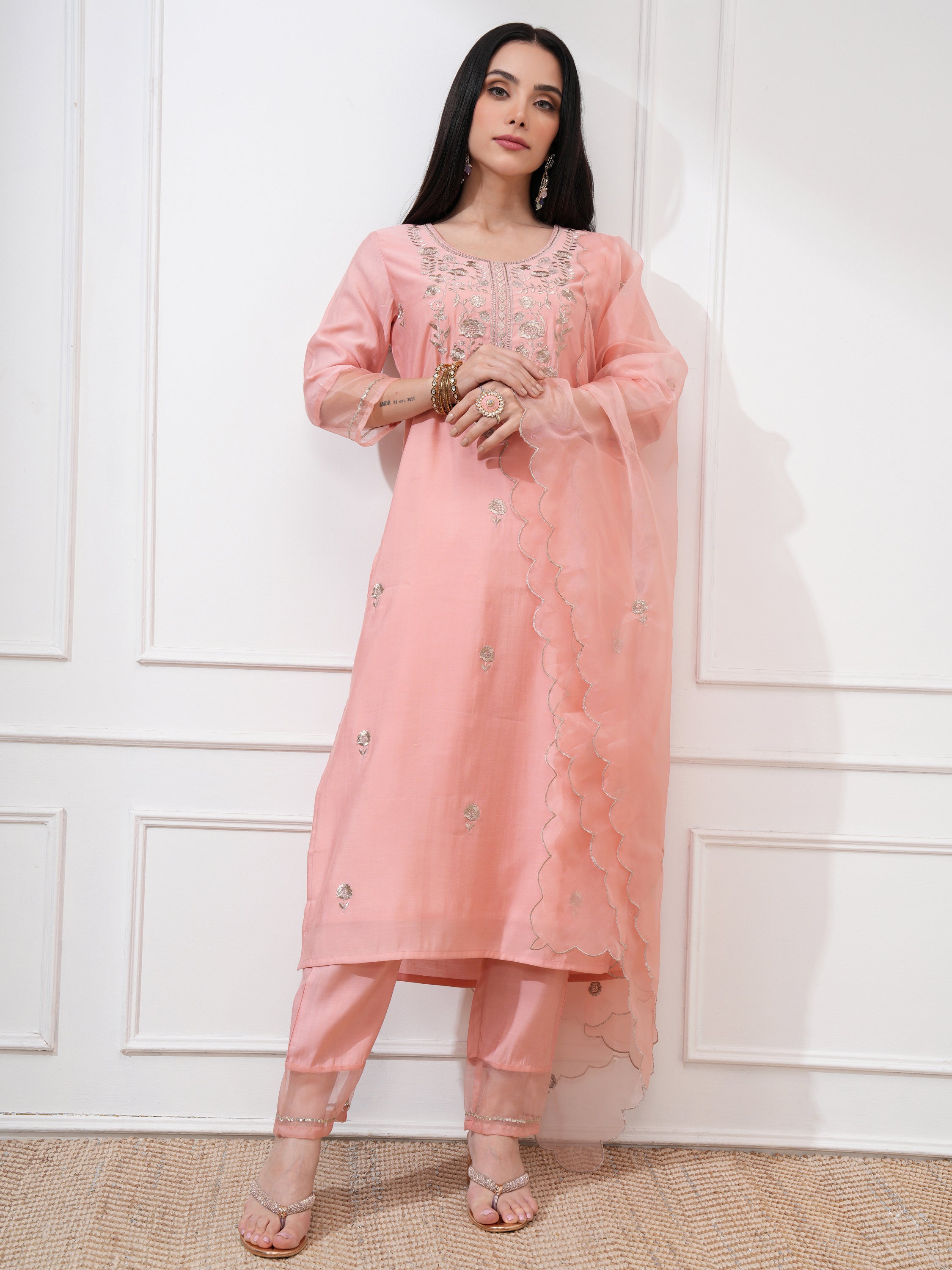 Vishudh Women Peach Embroidered Kurta With Trousers And Dupatta - Peach - Image 2