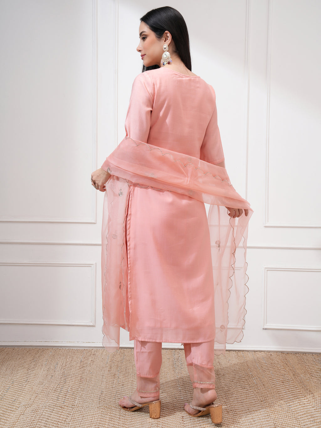 Vishudh Women Peach Embroidered Kurta With Trousers And Dupatta - Peach - Image 3