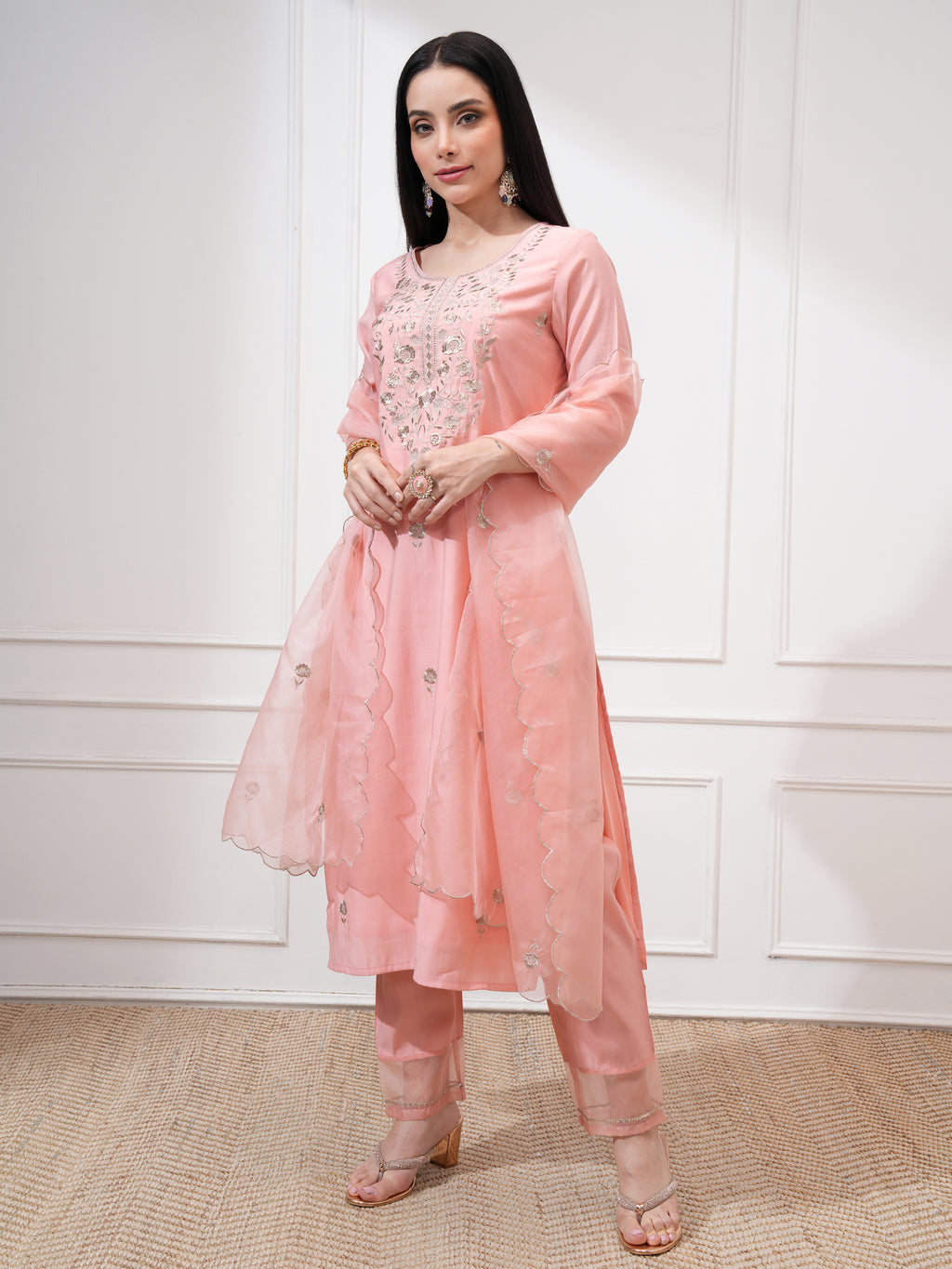 Vishudh Women Peach Embroidered Kurta With Trousers And Dupatta - Peach - Image 4