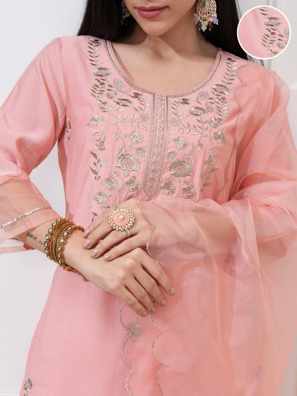 Vishudh Women Peach Embroidered Kurta With Trousers And Dupatta - Peach - Image 5